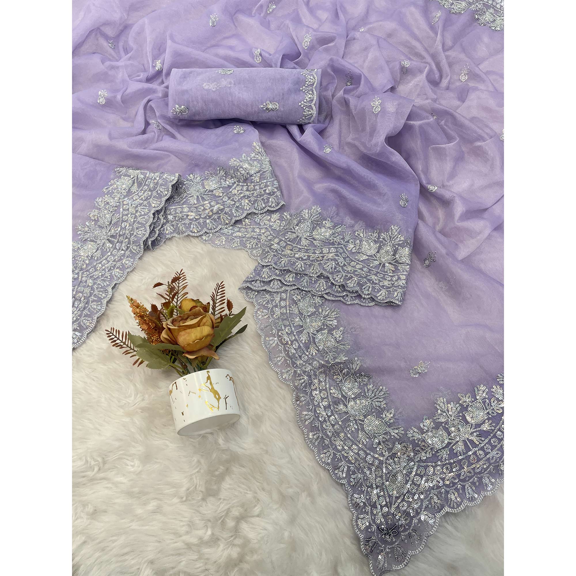 Lavender Sequins Embroidered Twill Net Designer Embellished Saree