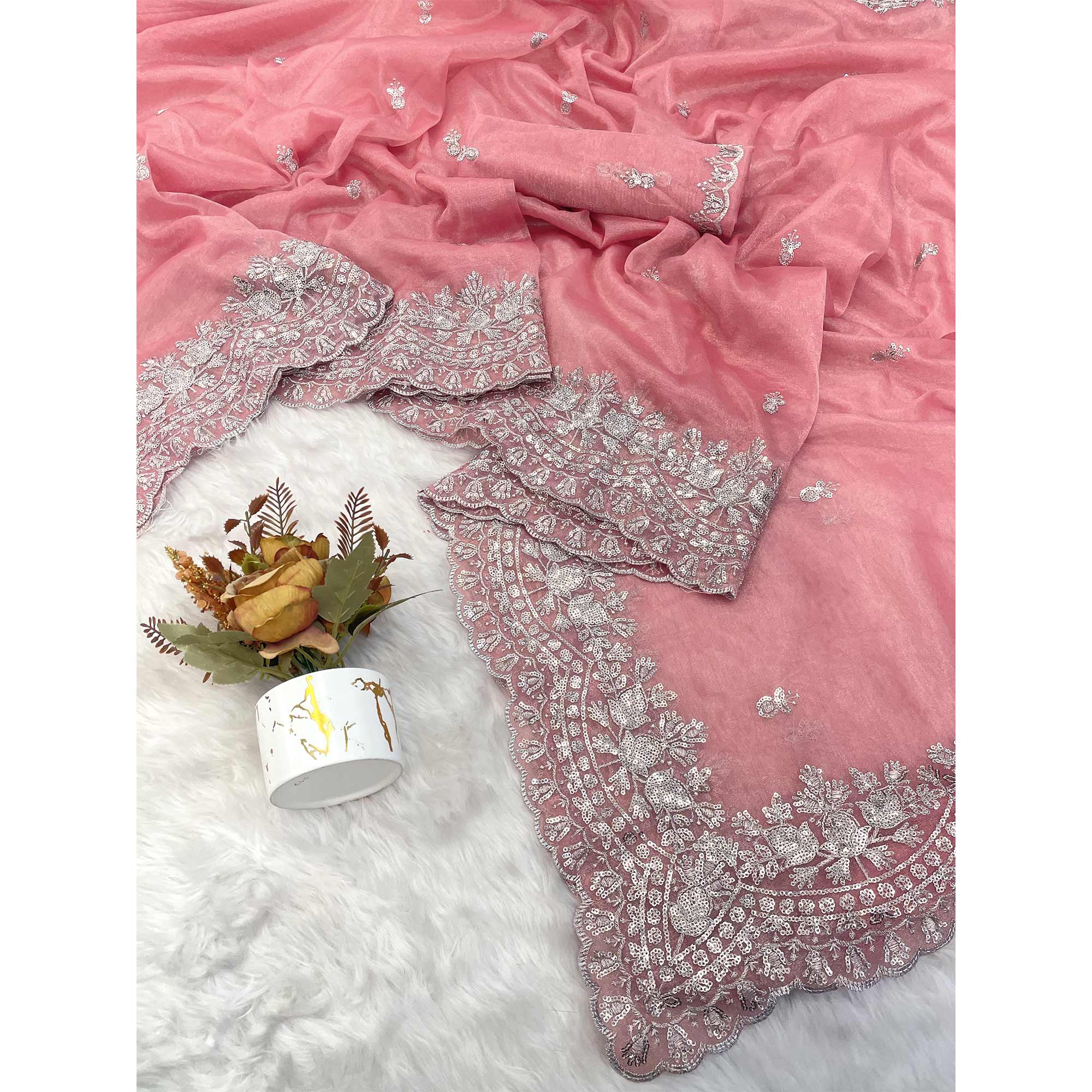 Peach Sequins Embroidered Twill Net Designer Embellished Saree