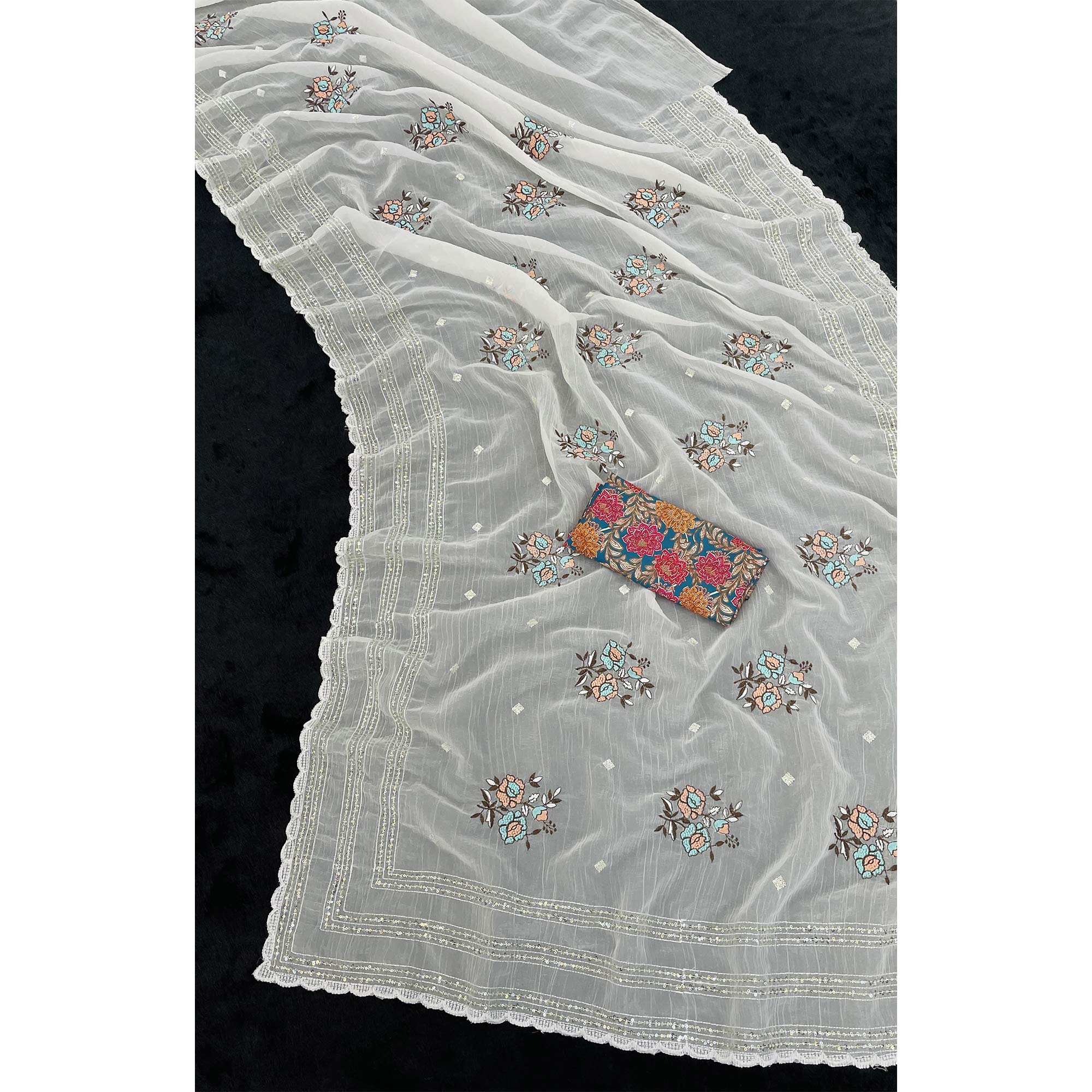 White Embroidered Cotton Silk Saree with Subtle Sequins Detailing