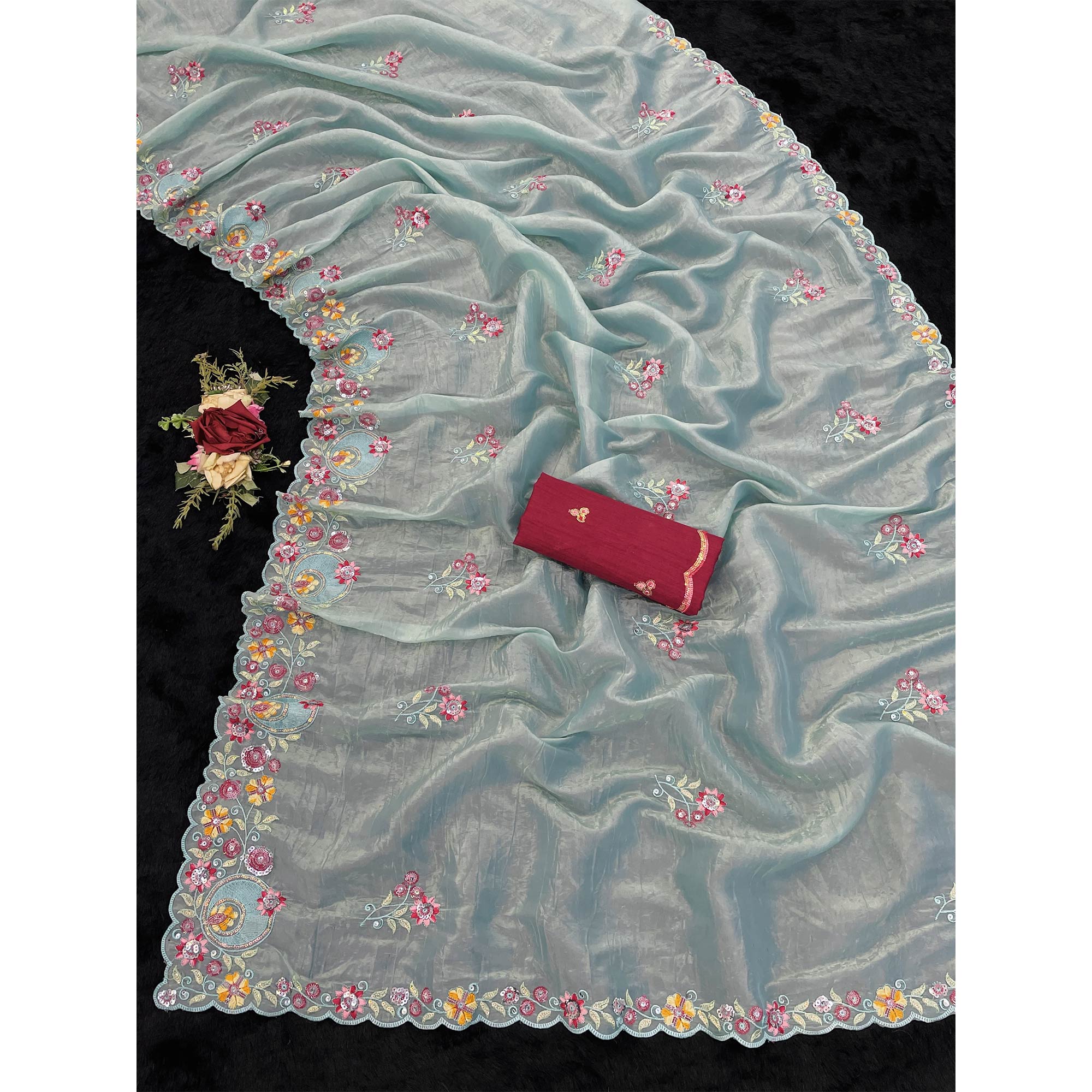 Turquoise Elegance Cotton Silk Saree with Floral Sequins Embroidery