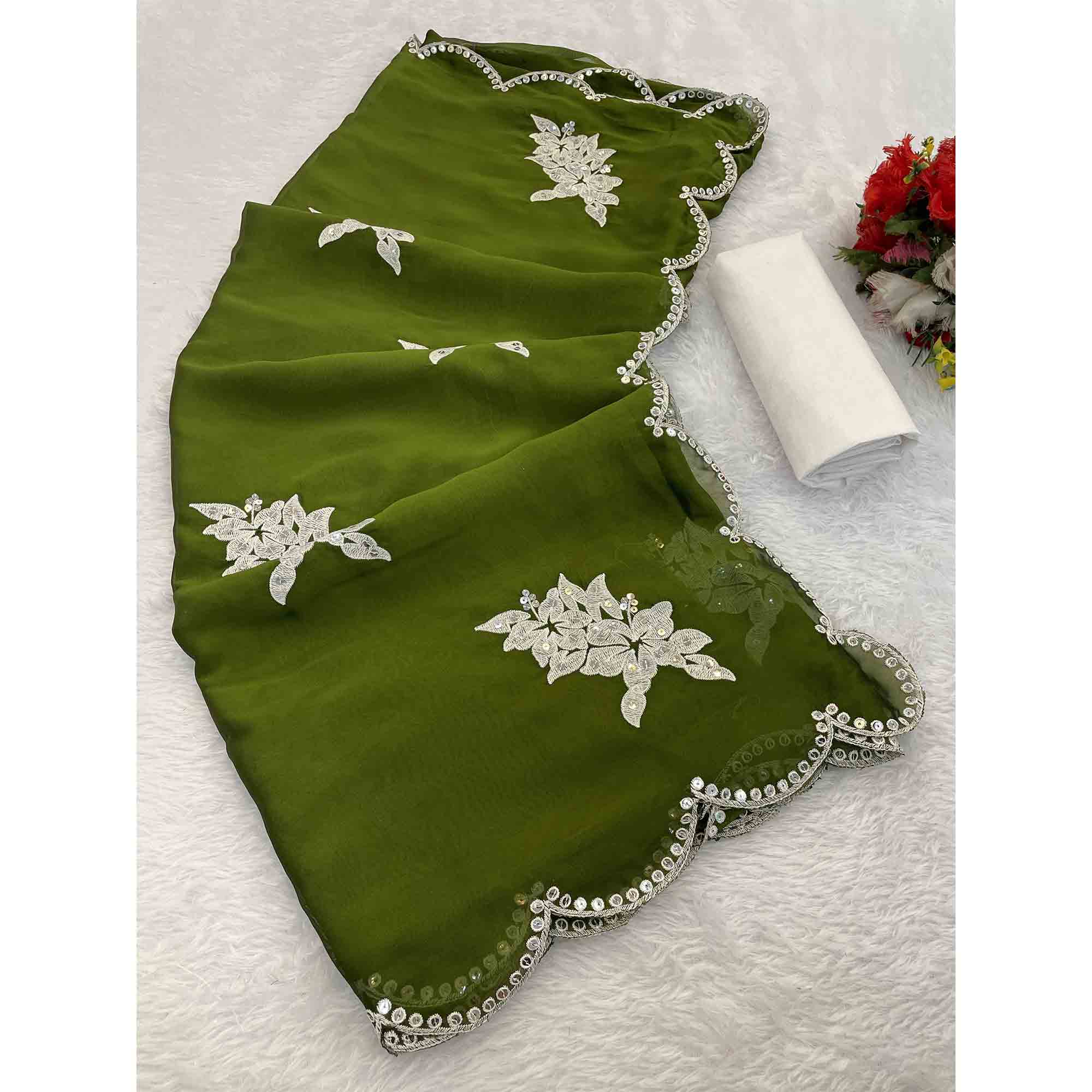 Mehendi Green Silk Blend Saree with Embroidered Floral Design in Sequins & Thread