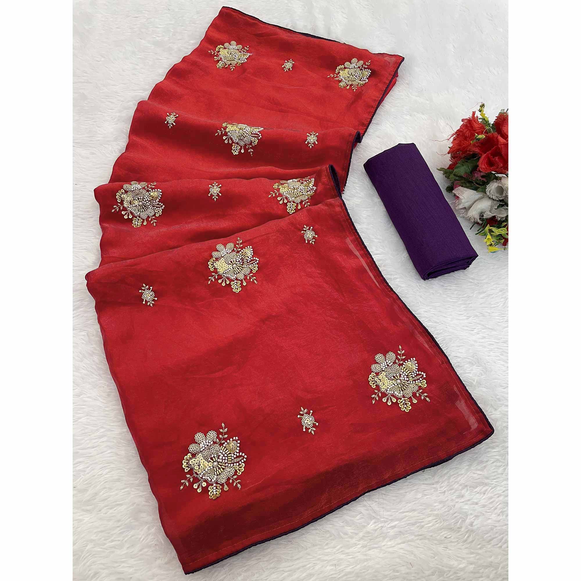 Party Wear Red Satin Silk Saree with Intricate Bead and Sequin Detailing