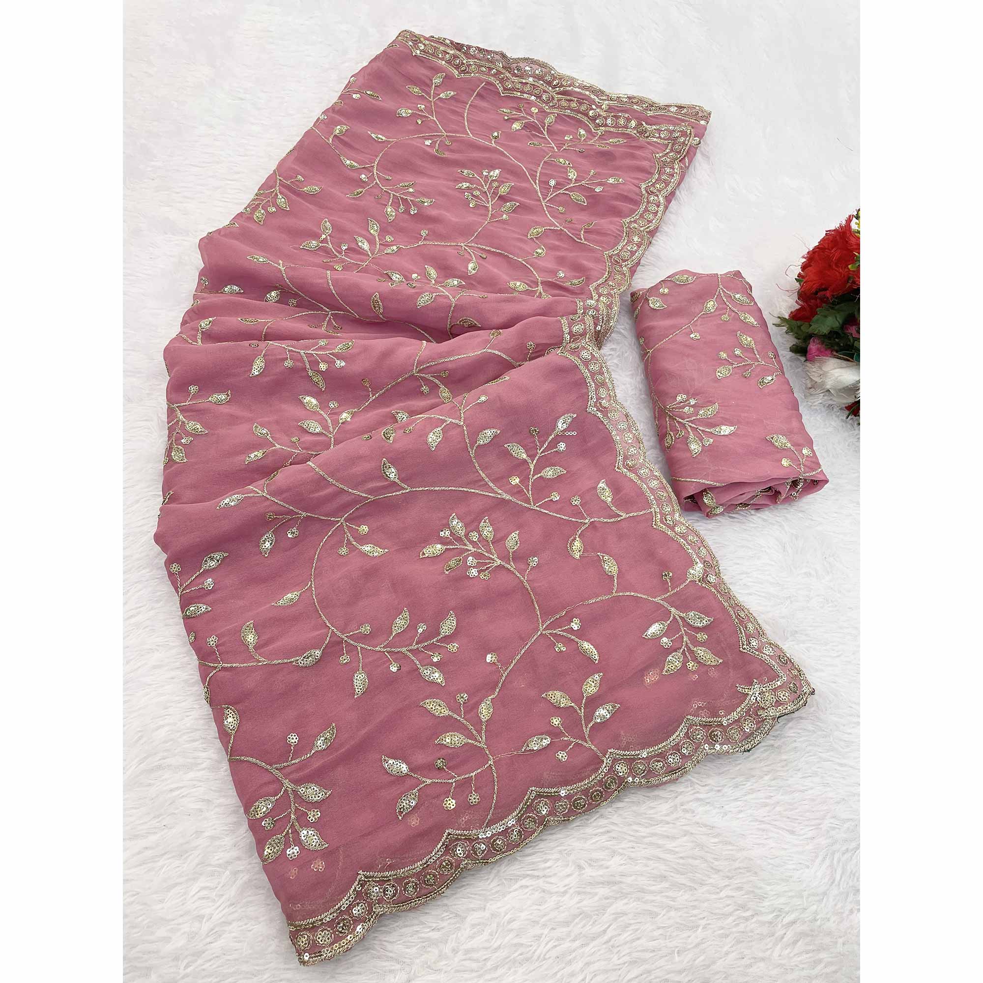 Designer Pink Georgette Saree Featuring Intricate Sequins & Embroidery Work