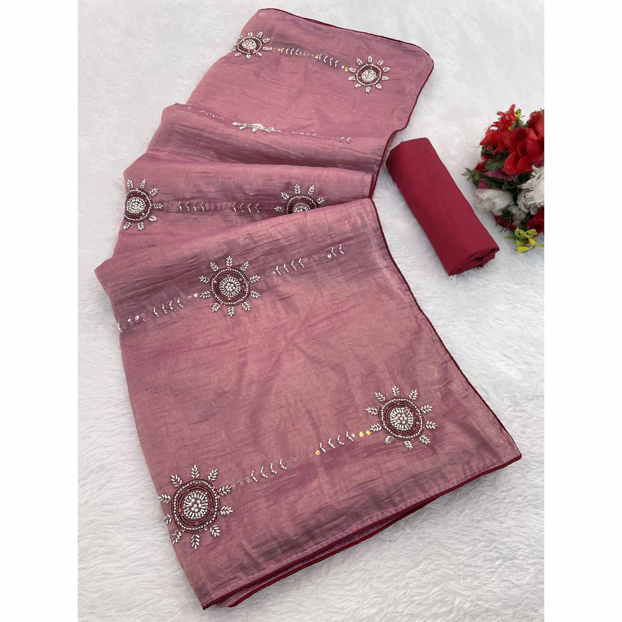 Pink Designer Silk Blend Saree Embellished with Stones & Beads