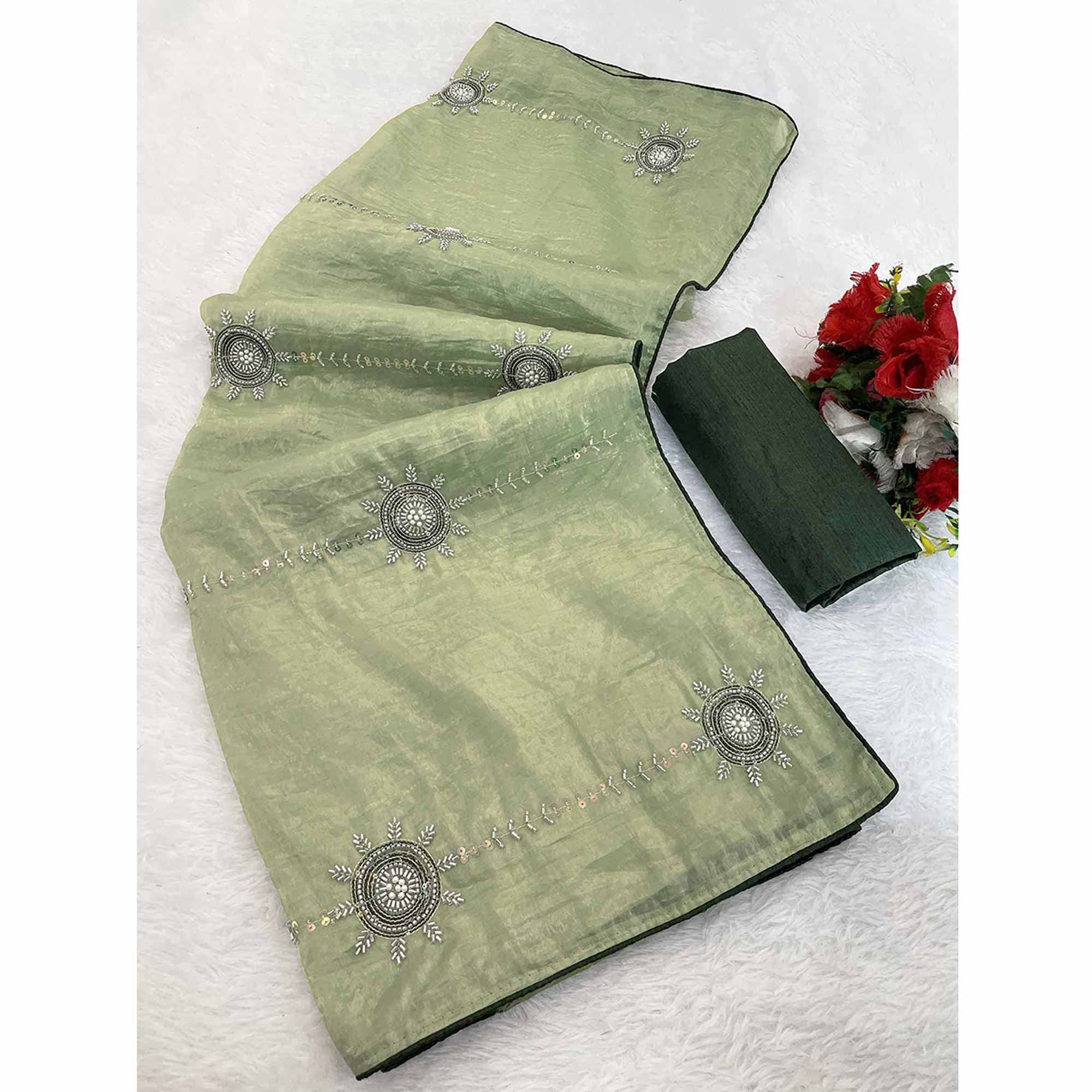 Pista Green Designer Silk Blend Saree Embellished with Stones & Beads