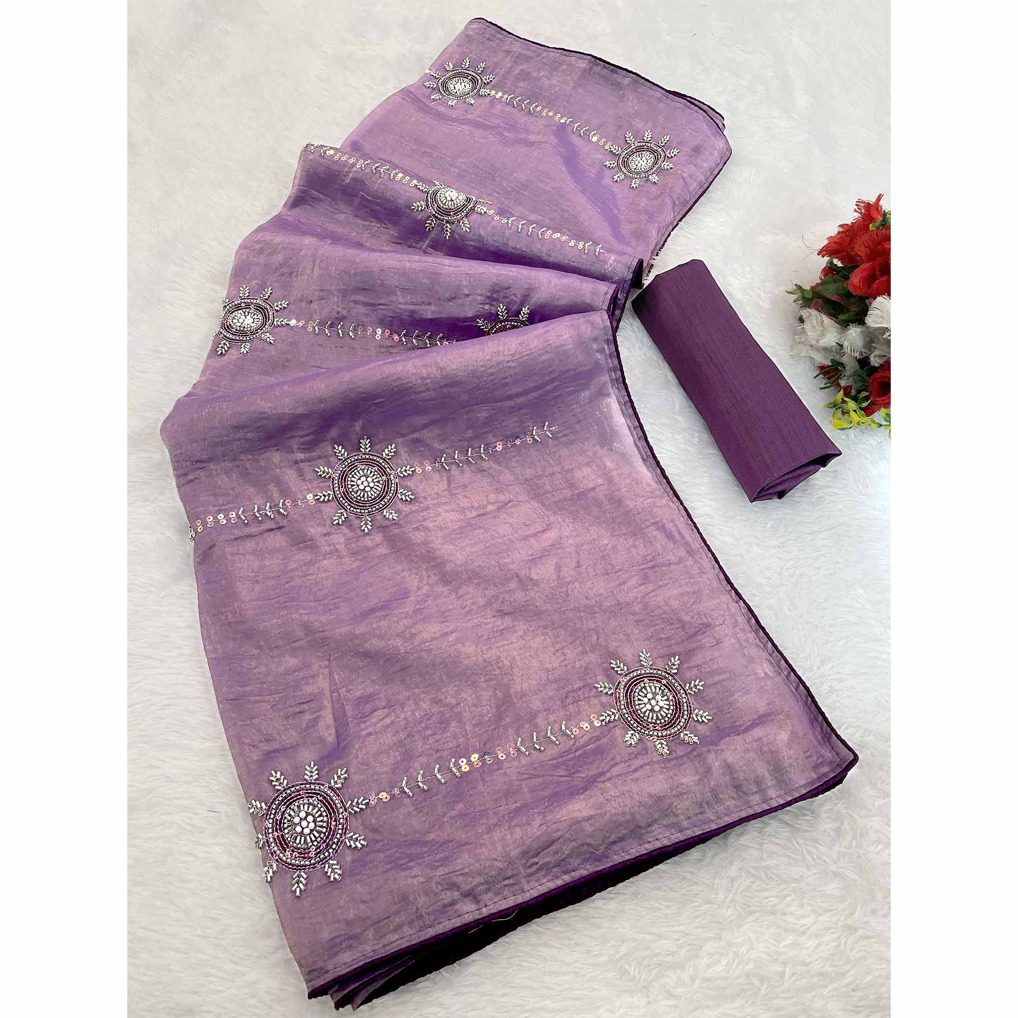 Purple Designer Silk Blend Saree Embellished with Stones & Beads