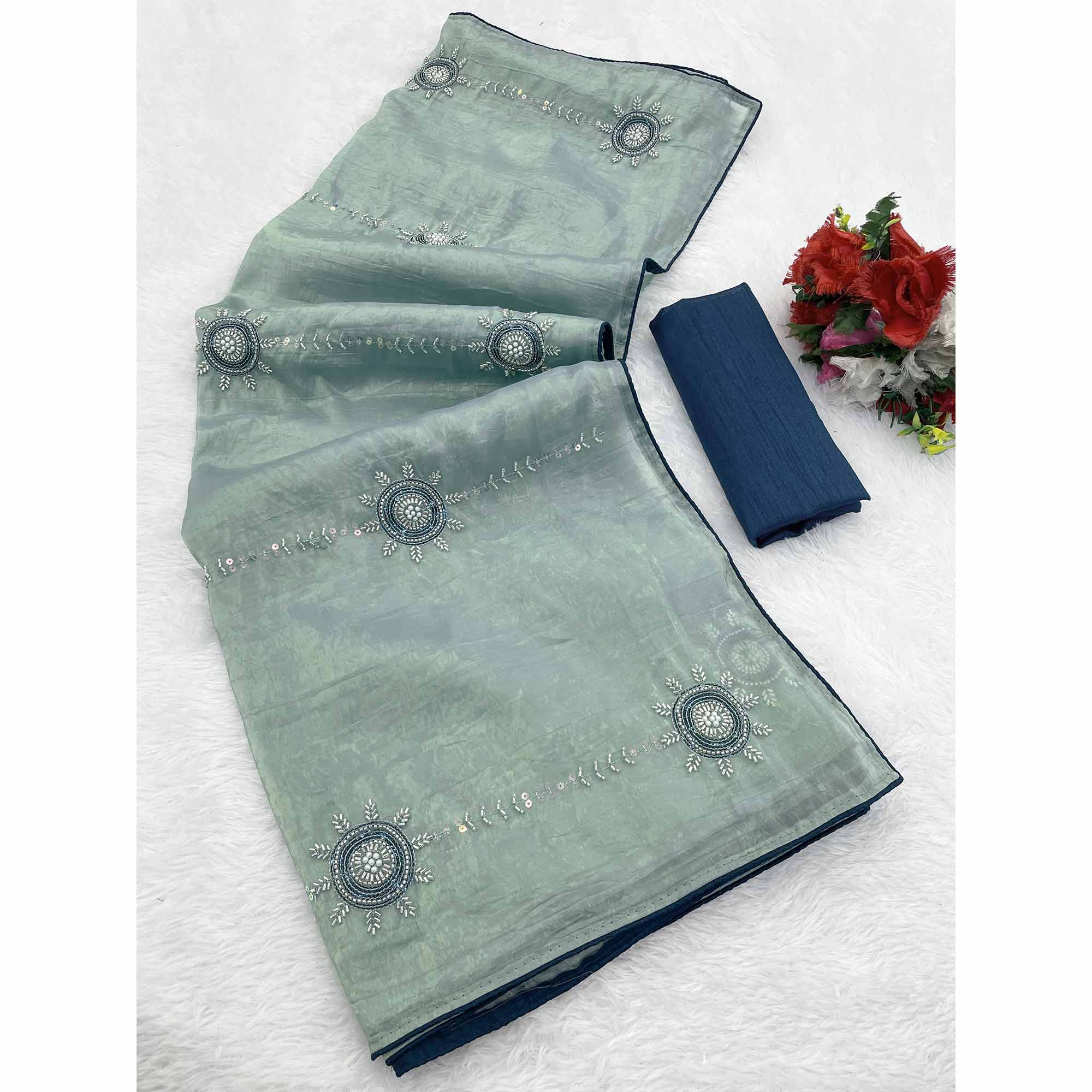 Turquoise Designer Silk Blend Saree Embellished with Stones & Beads