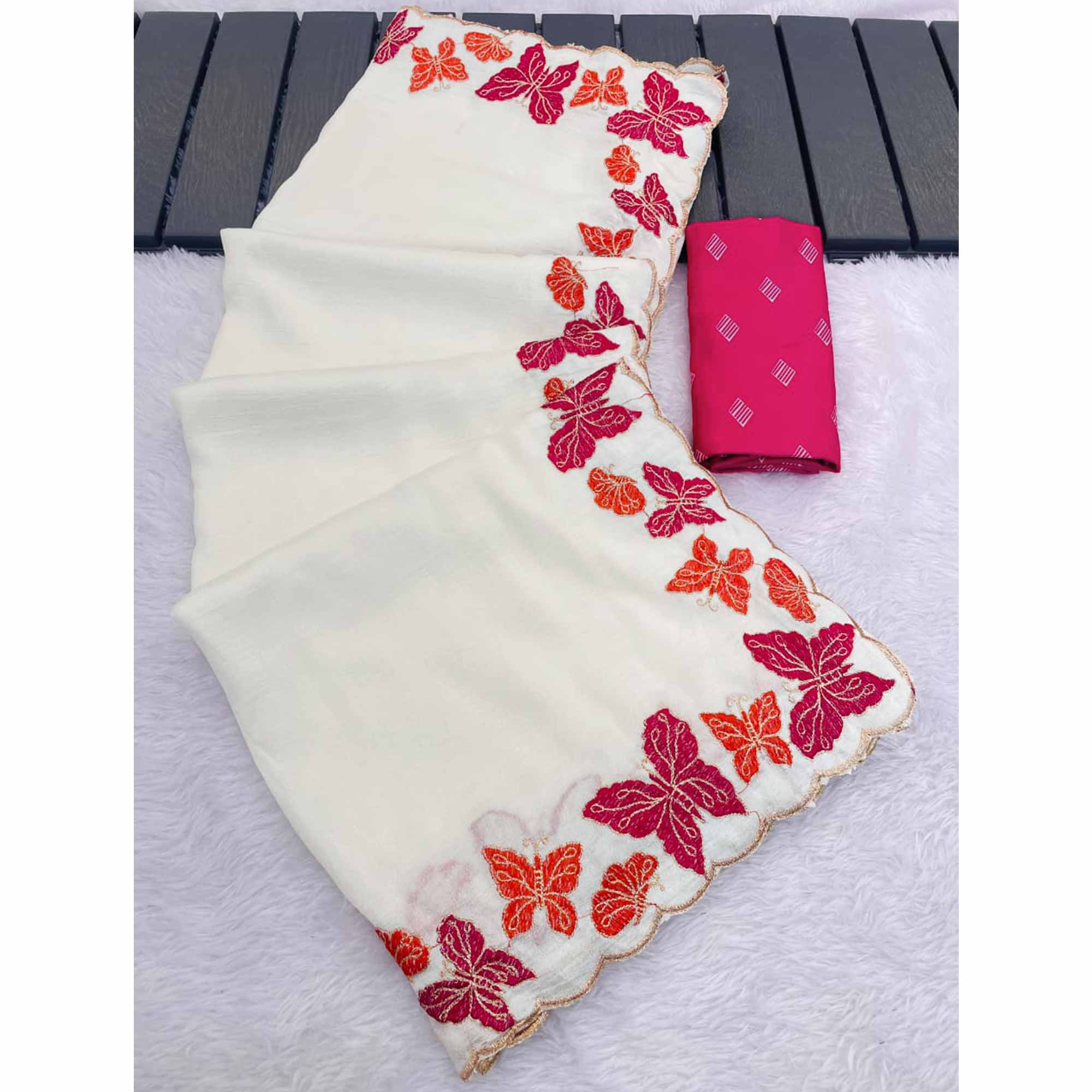 Off White Pure Vichitra Silk Saree with Graceful Butterfly Inspired Embroidery Detailing