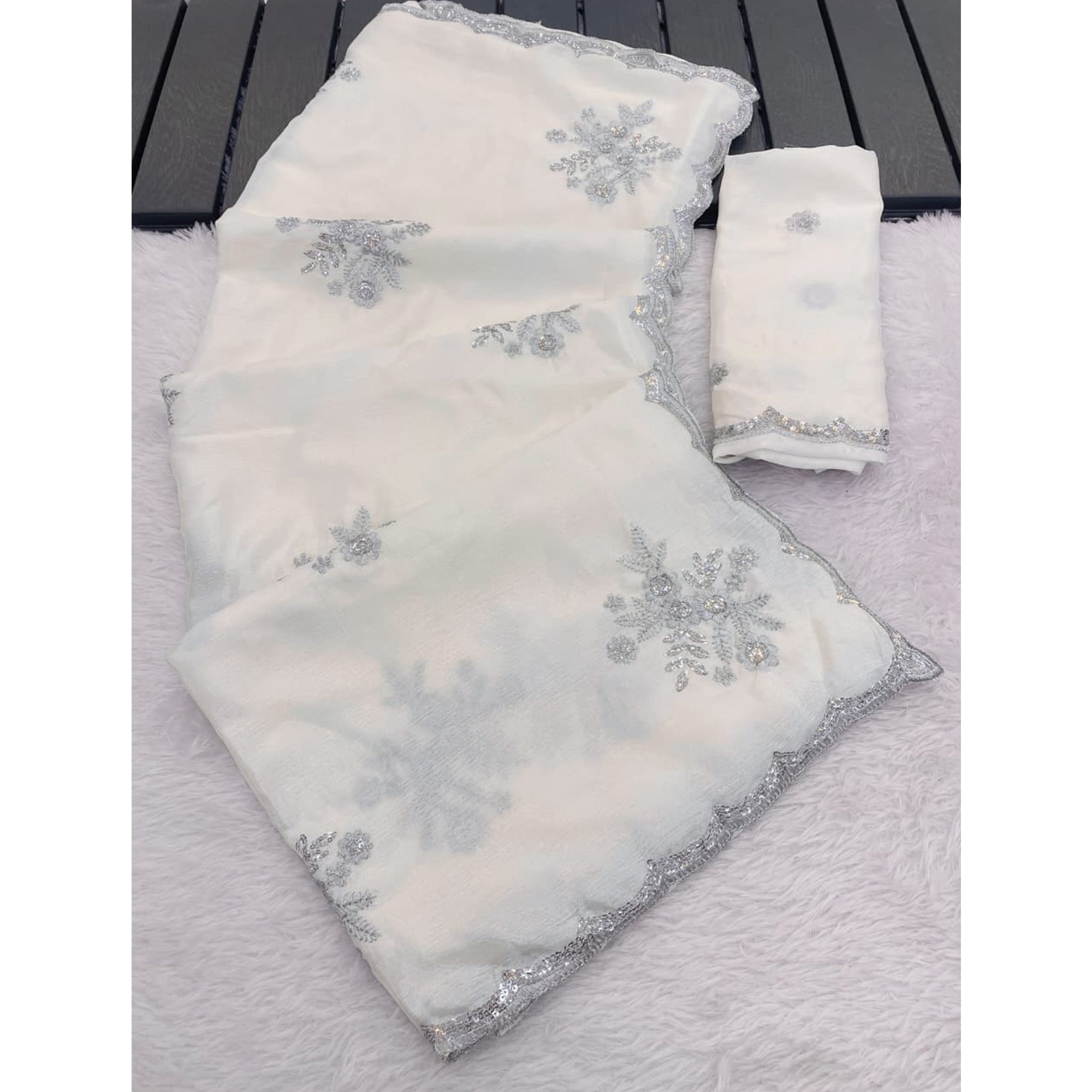 Designer Off White Pure Chinon Saree Highlighted with Elegant Sequins Embroidery