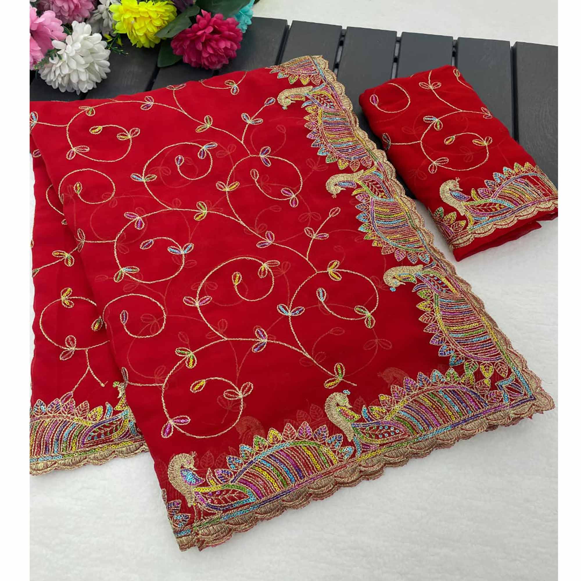 Elegant Red Floral Sequin & Thread Embroidered Georgette Saree With Exquisite Peacock Design Border