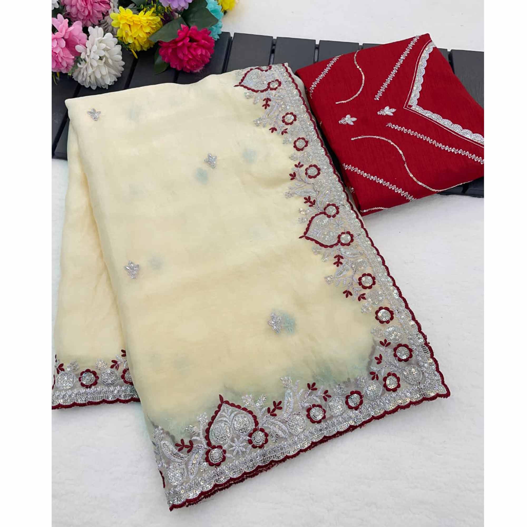 Radiant Cream Tissue Silk Saree Beautifully Embellished With Floral Thread & Sequins Embroidery