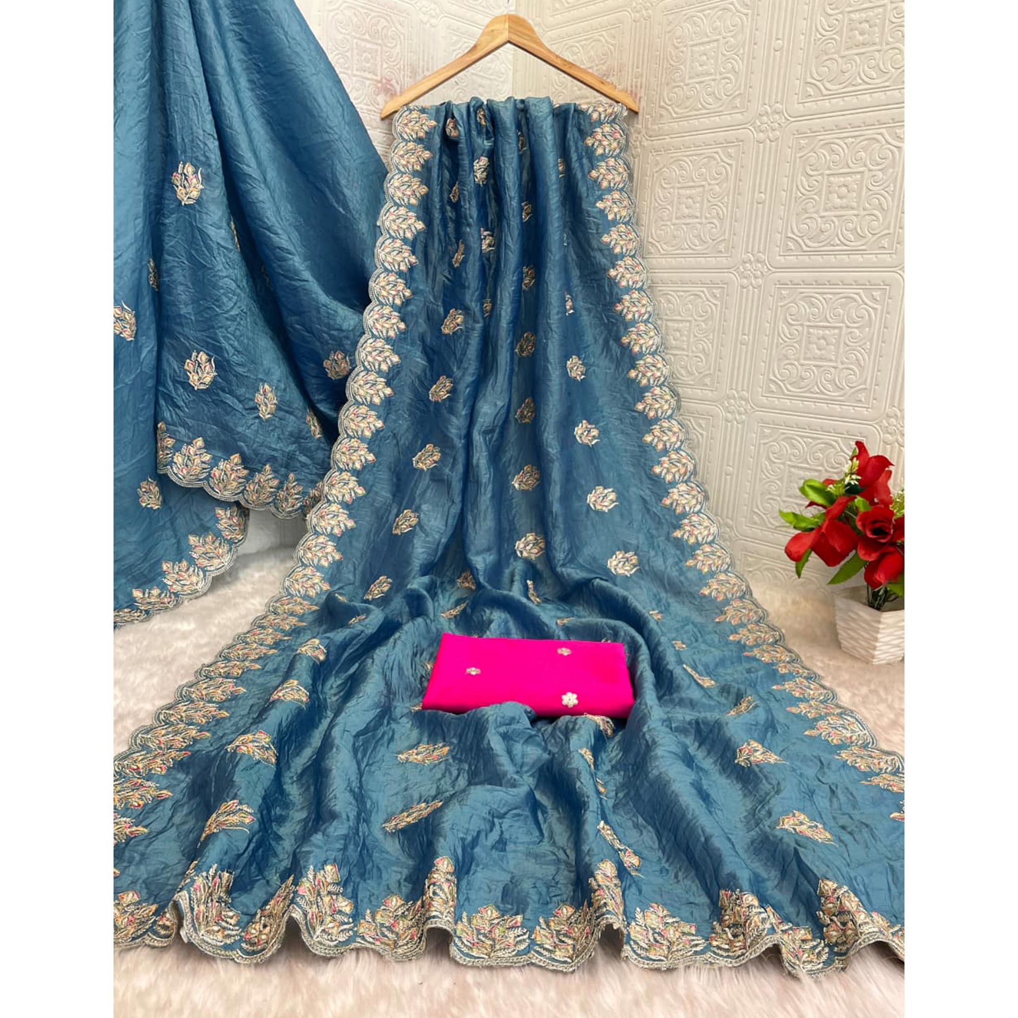 Classic Blue Silk Blend Crush Saree Beautifully Embellished With Floral Thread Embroidery