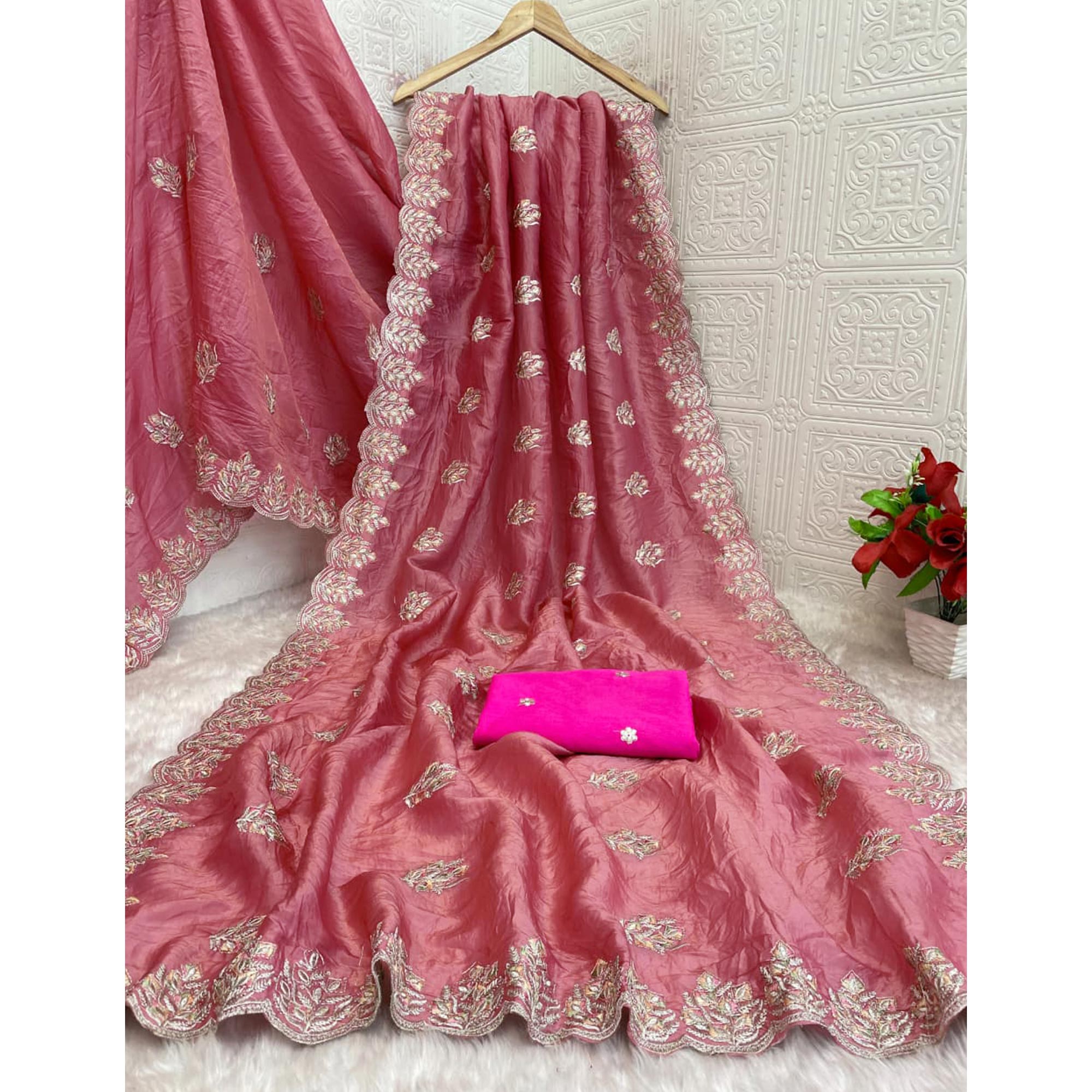 Classic Dusty Pink Silk Blend Crush Saree Beautifully Embellished With Floral Thread Embroidery