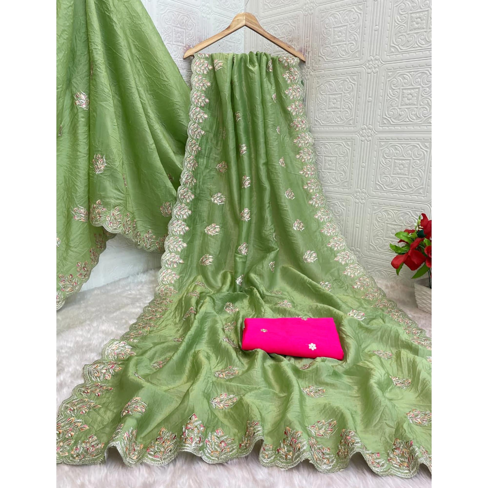 Classic Parrot Green Silk Blend Crush Saree Beautifully Embellished With Floral Thread Embroidery