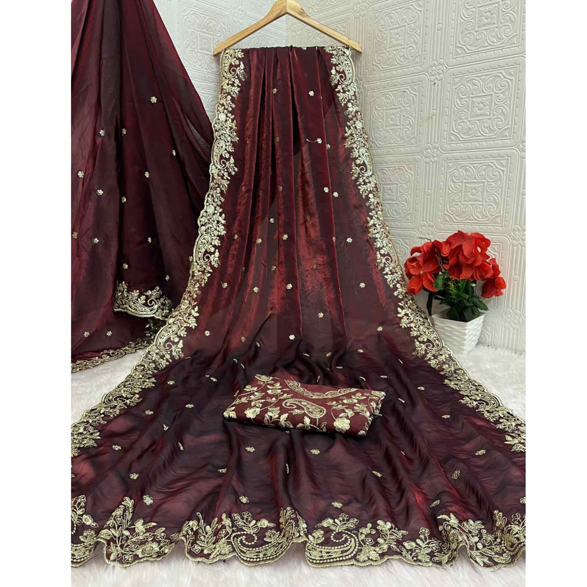 Burgundy Partywear Organza Satin Silk Crush Saree with Delicate Floral Embroidery