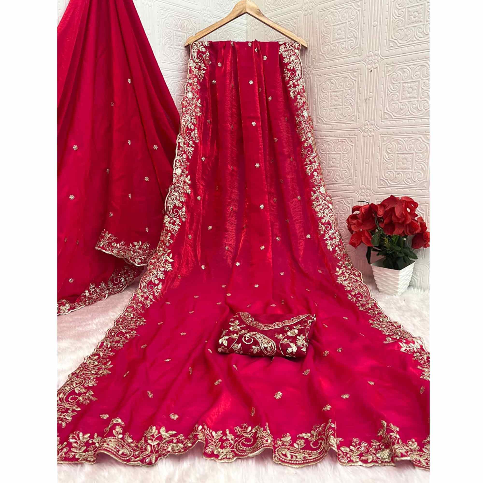 Pink Partywear Organza Satin Silk Crush Saree with Delicate Floral Embroidery