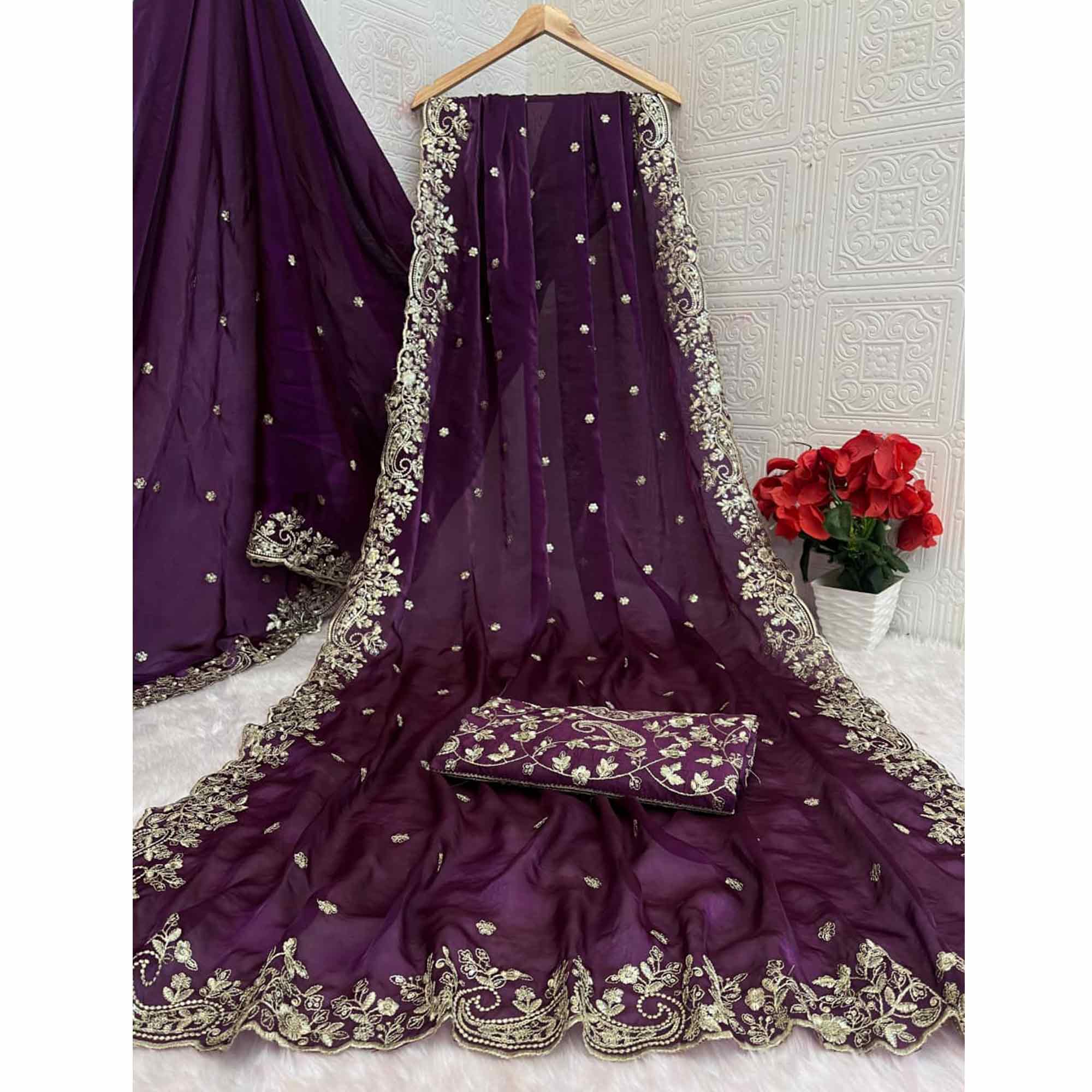 Purple Partywear Organza Satin Silk Crush Saree with Delicate Floral Embroidery