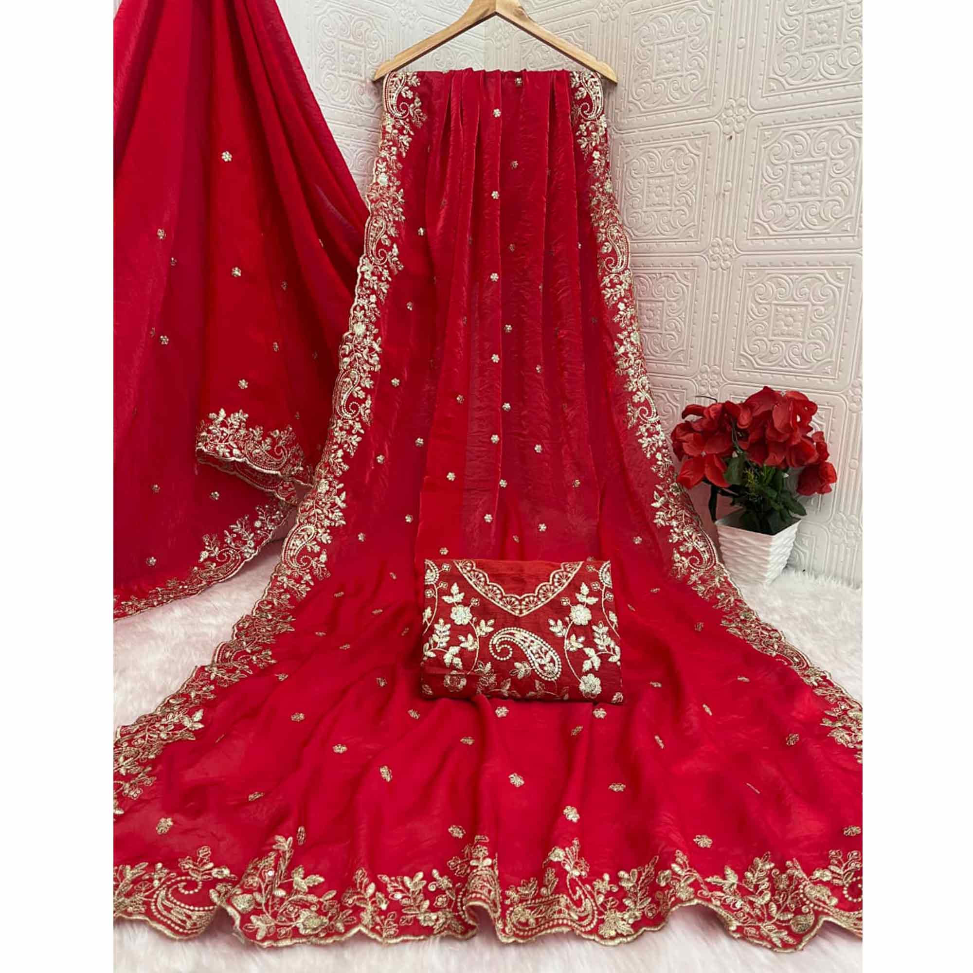 Red Partywear Organza Satin Silk Crush Saree with Delicate Floral Embroidery