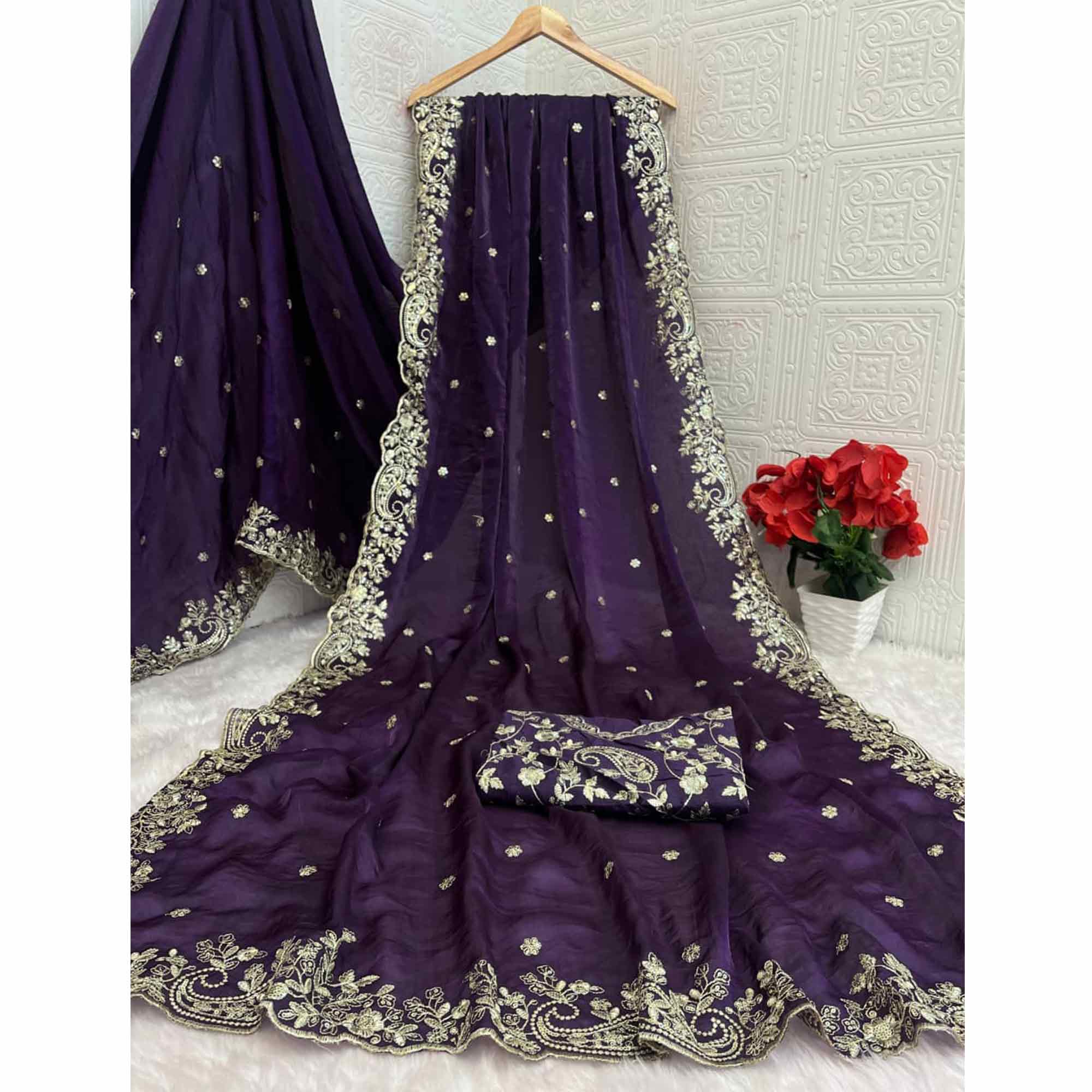 Violet Partywear Organza Satin Silk Crush Saree with Delicate Floral Embroidery