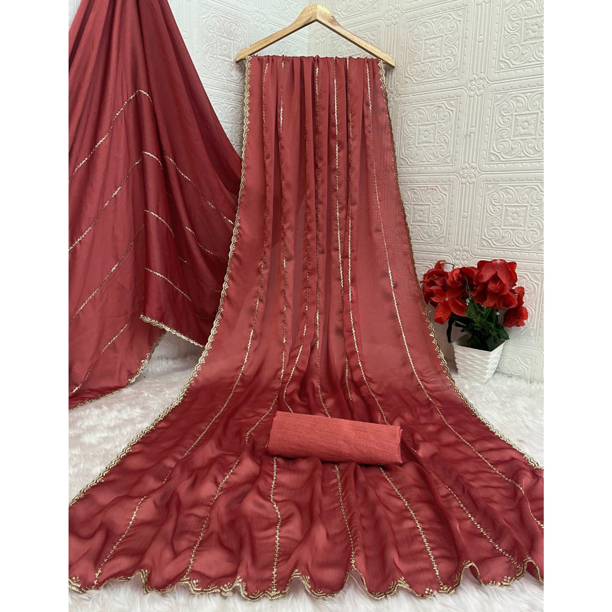 Brick Red Soft Satin Chiffon Saree Adorned with Intricate Sequins Detailing