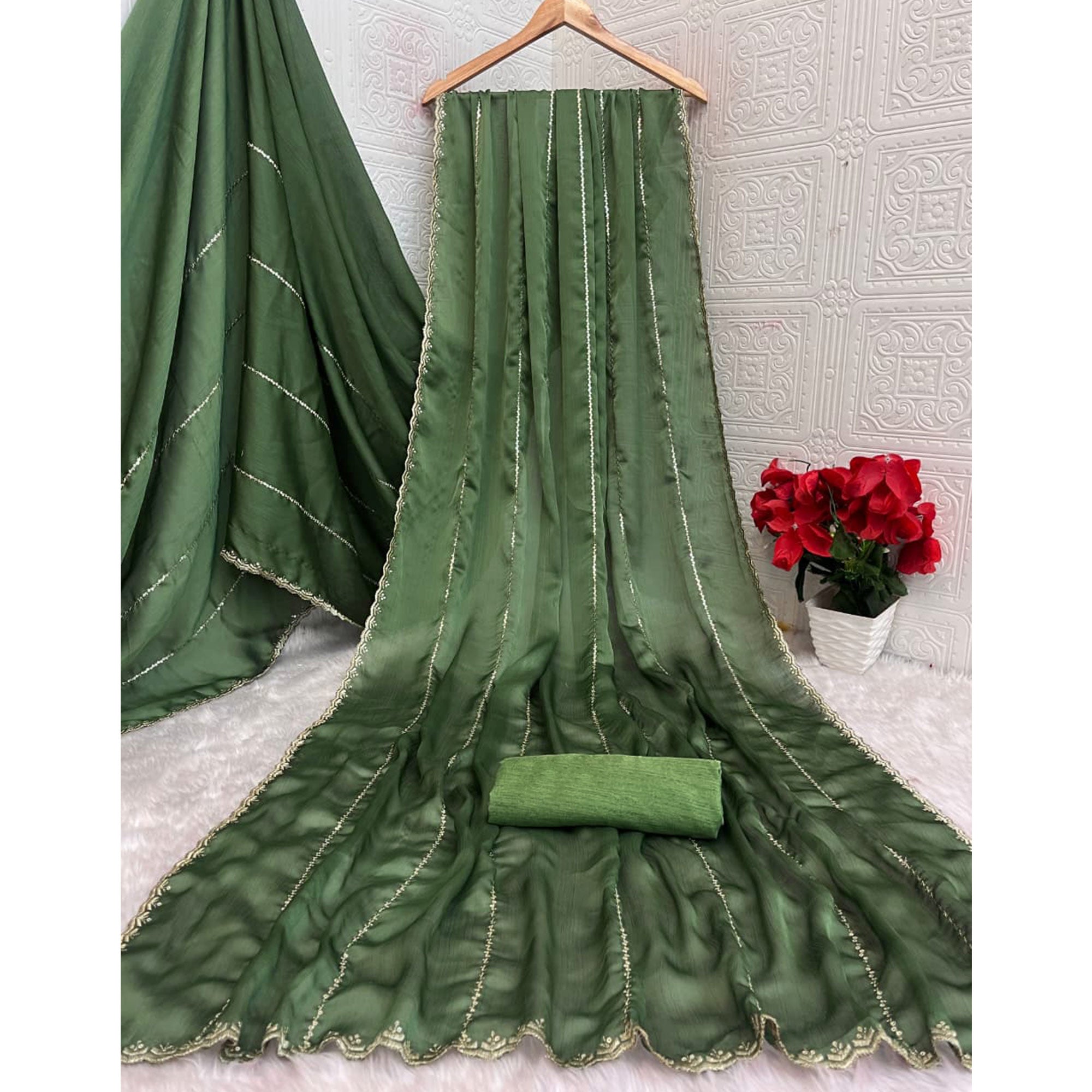 Green Soft Satin Chiffon Saree Adorned with Intricate Sequins Detailing