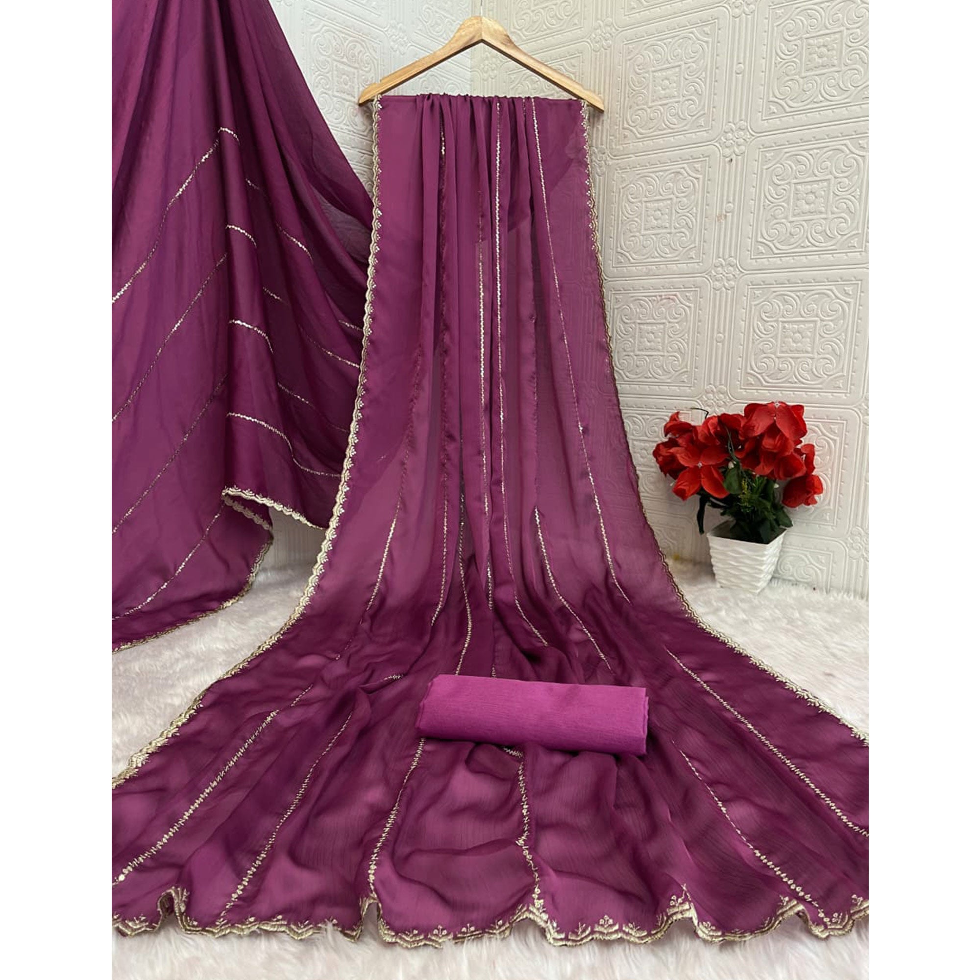 Mauve Soft Satin Chiffon Saree Adorned with Intricate Sequins Detailing