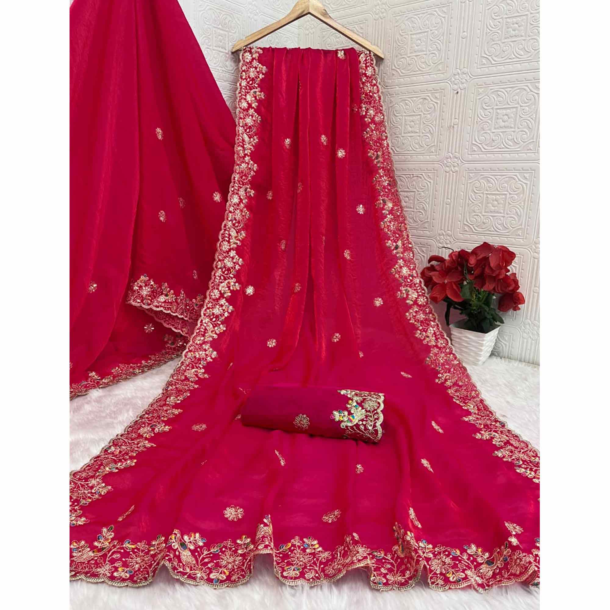 Pink Floral Embroidered Lightweight Organza Satin Silk Saree for Party and Festive Wear