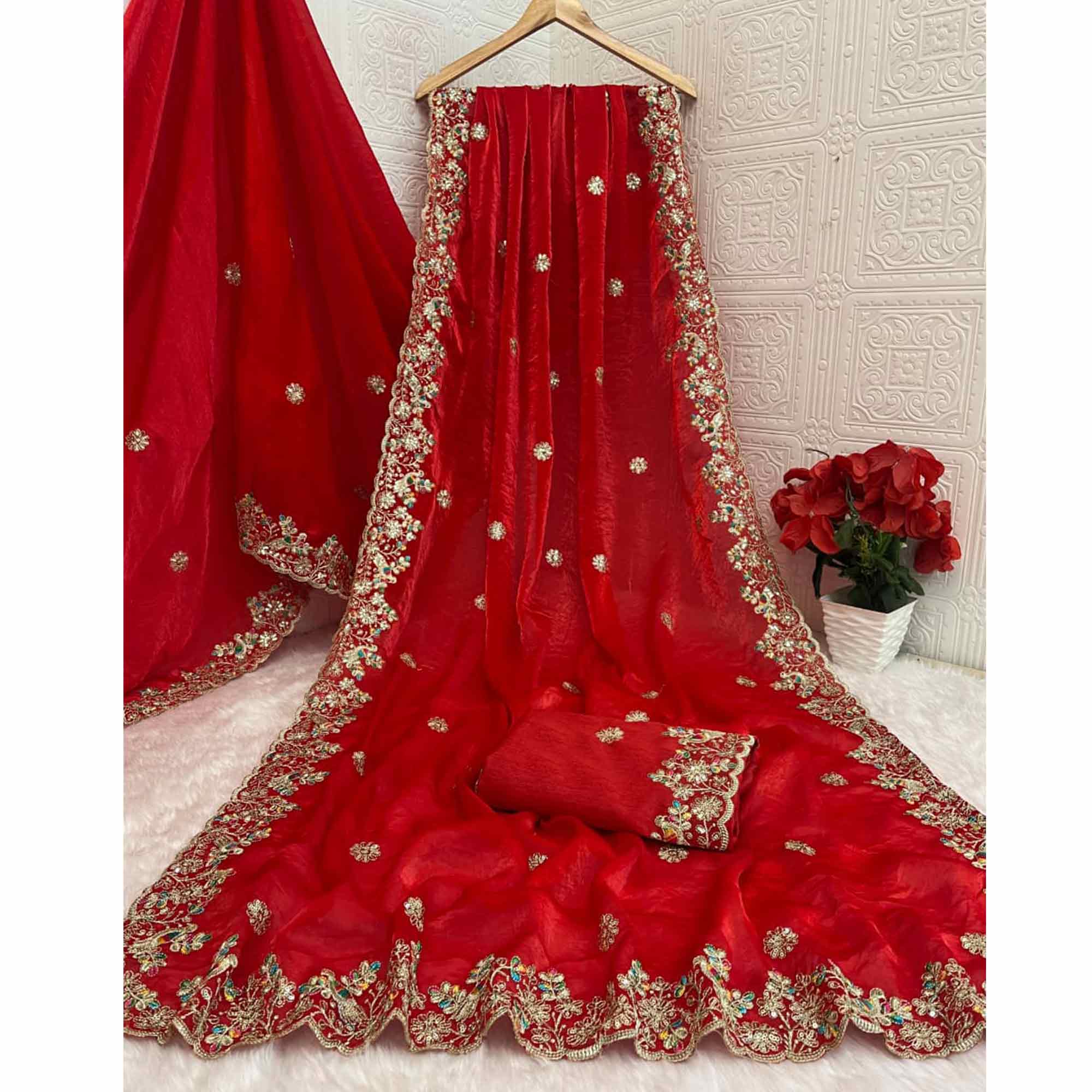 Red Floral Embroidered Lightweight Organza Satin Silk Saree for Party and Festive Wear