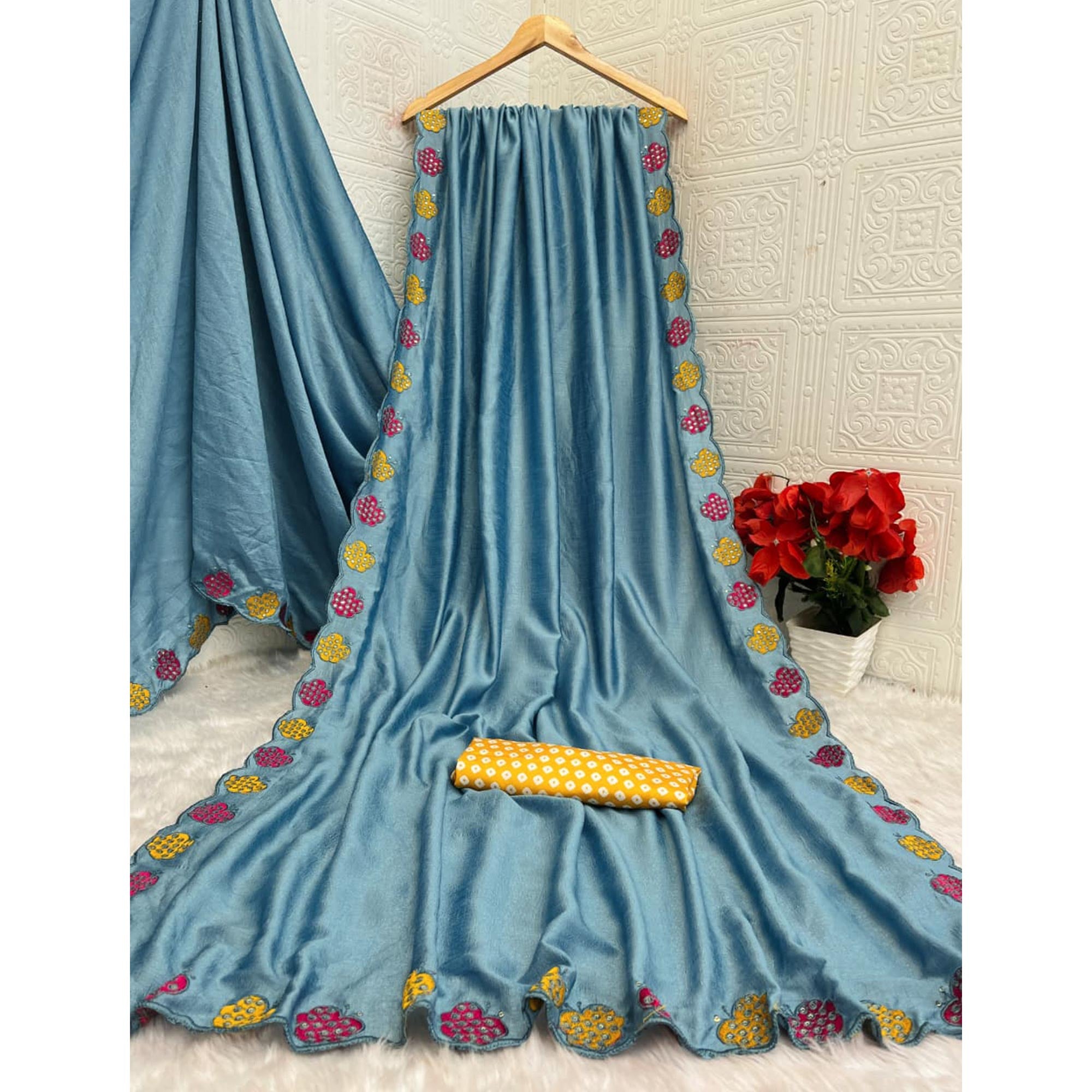 Teal Premium Vichitra Silk Saree Adorned with Intricate Embroidery Work