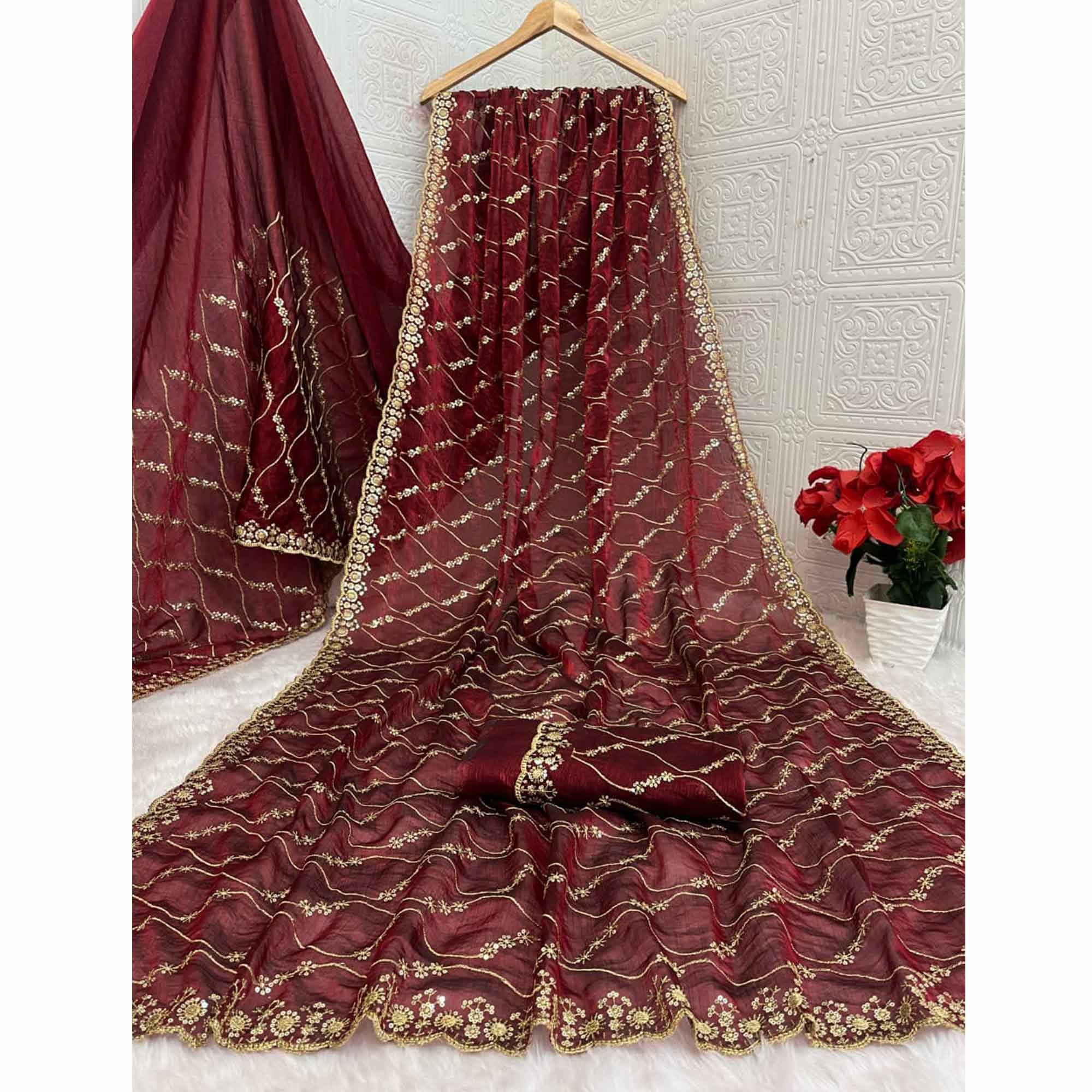 Maroon Partywear Organza Chiffon Silk Saree Highlighted with Fine Sequins Detailing