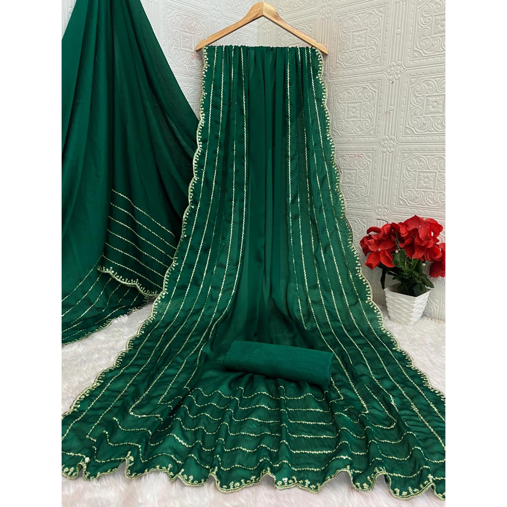 Green Soft Satin Chiffon Saree Embellished with Intricate Sequins Detailing