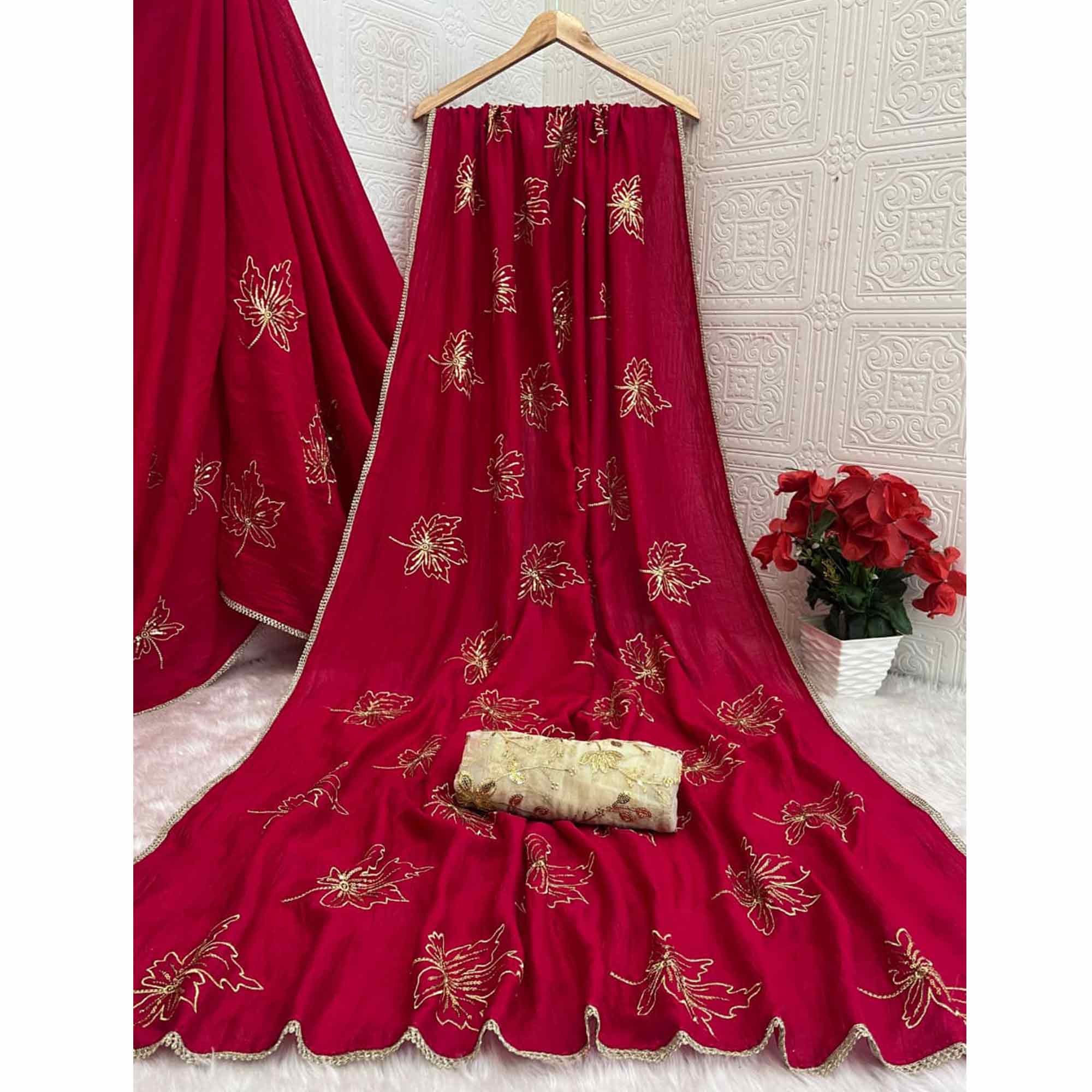 Glamorous Pink Sequin Embellished Saree in Premium Vichitra Silk