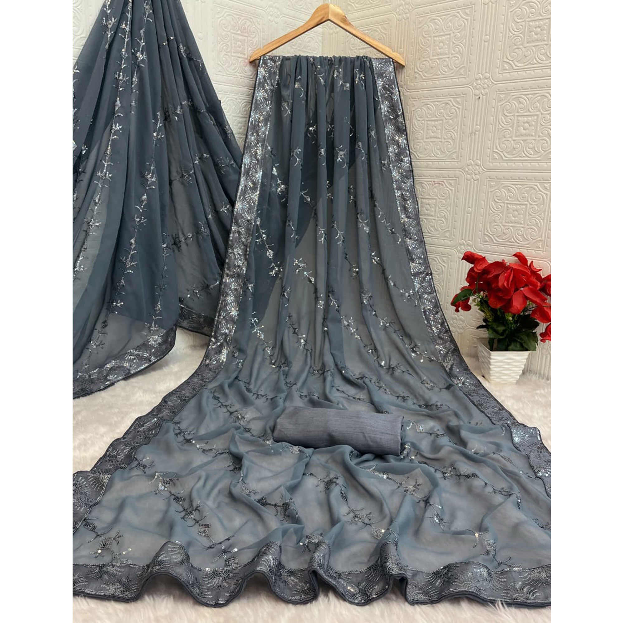 Grey Premium Vichitra Silk Saree Adorned with Shimmering Sequins Work