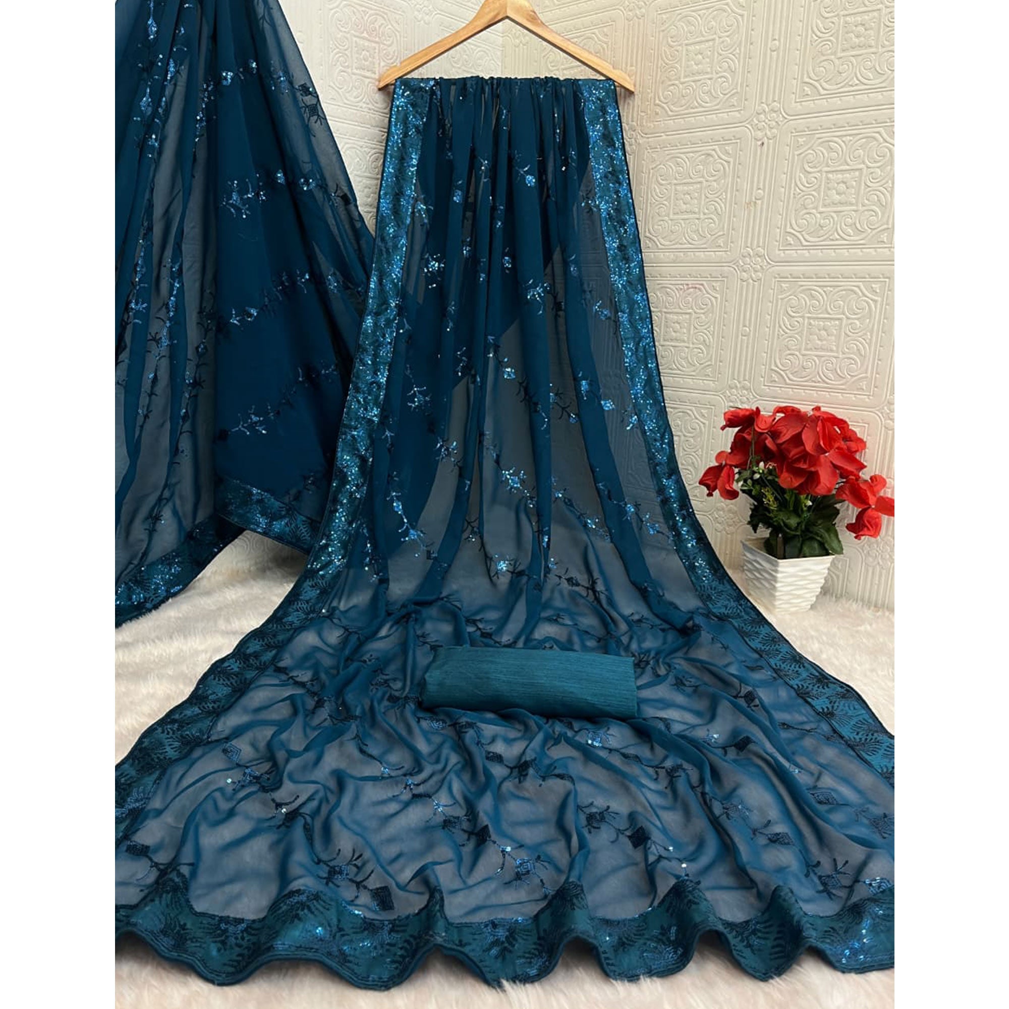 Teal Premium Vichitra Silk Saree Adorned with Shimmering Sequins Work