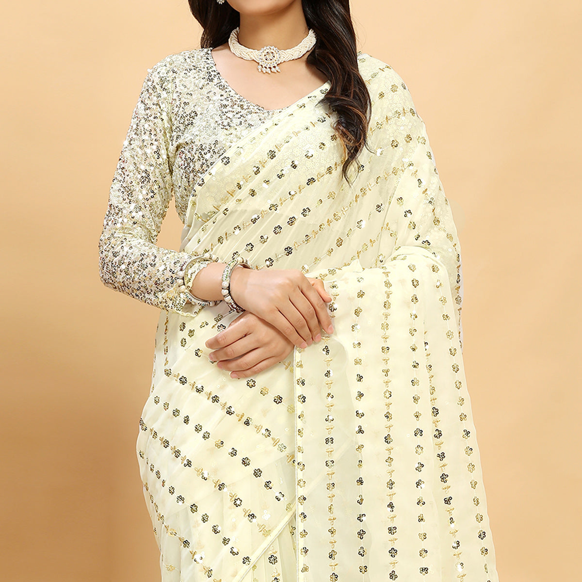 Off White Sequins Embroidered Georgette Saree