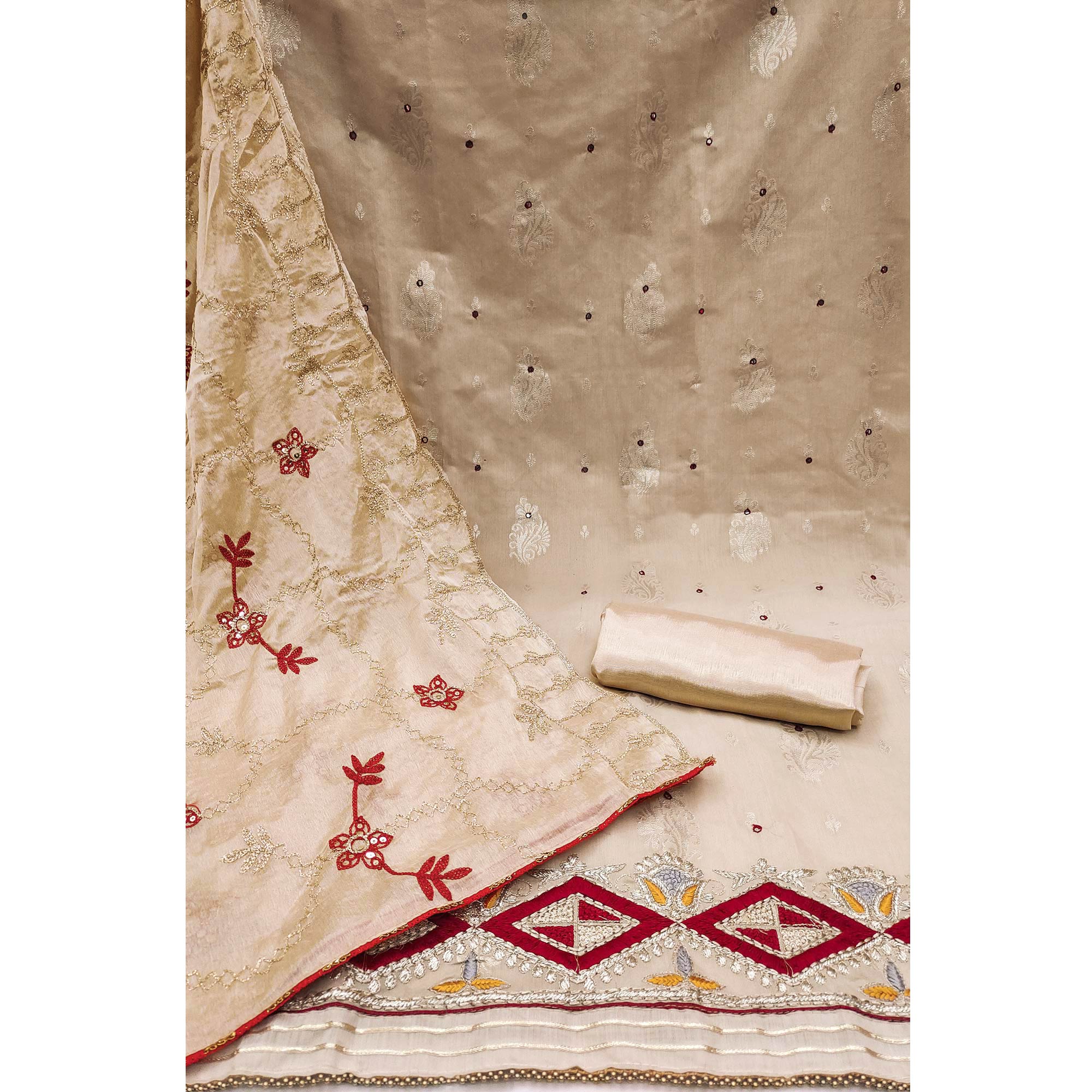 Chikoo Floral Woven Banarasi Silk Dress Material