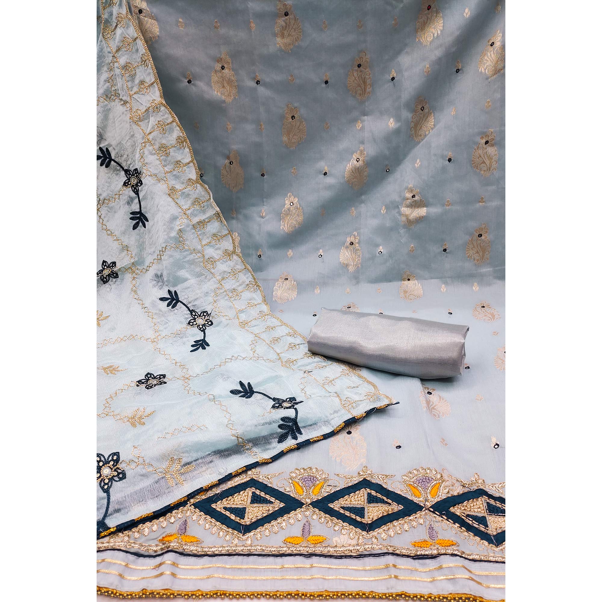 Grey Floral Woven Banarasi Silk Dress Material