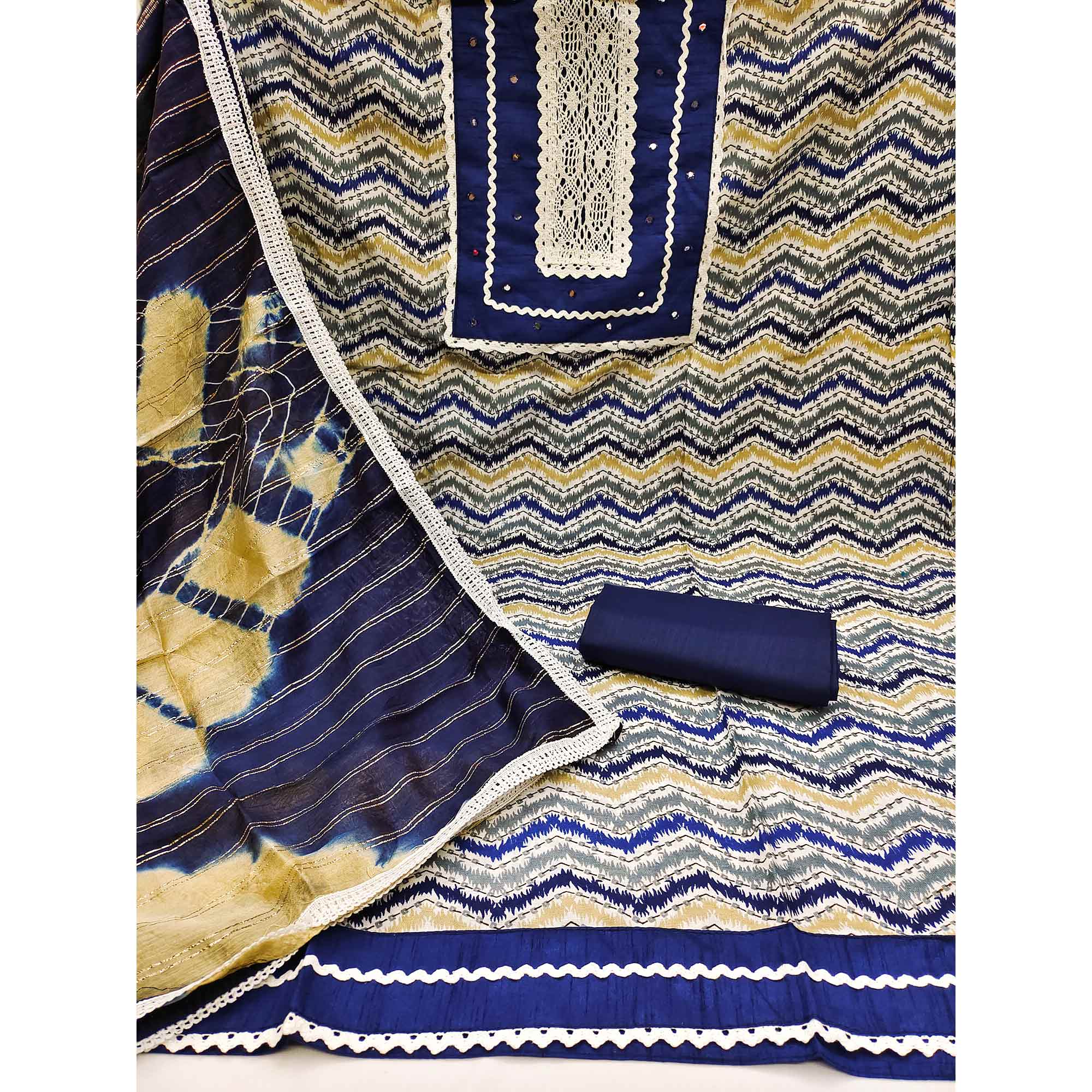 Navy Blue Printed With Embroidered Pure Cotton Dress Material