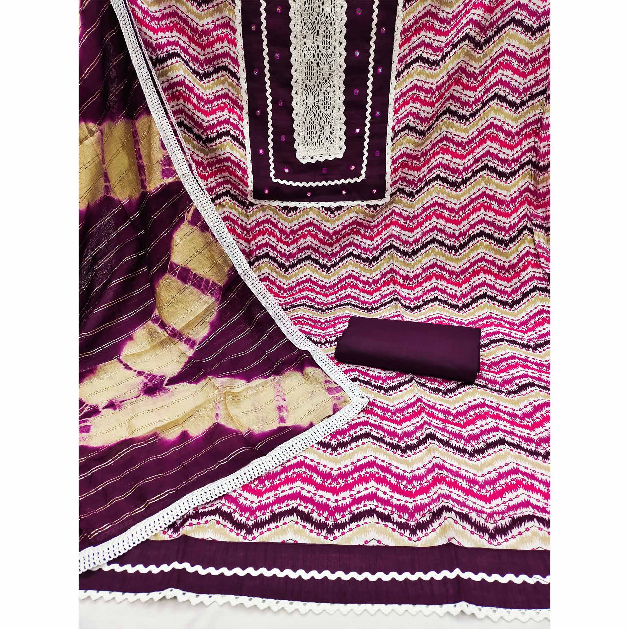 Purple Printed With Embroidered Pure Cotton Dress Material