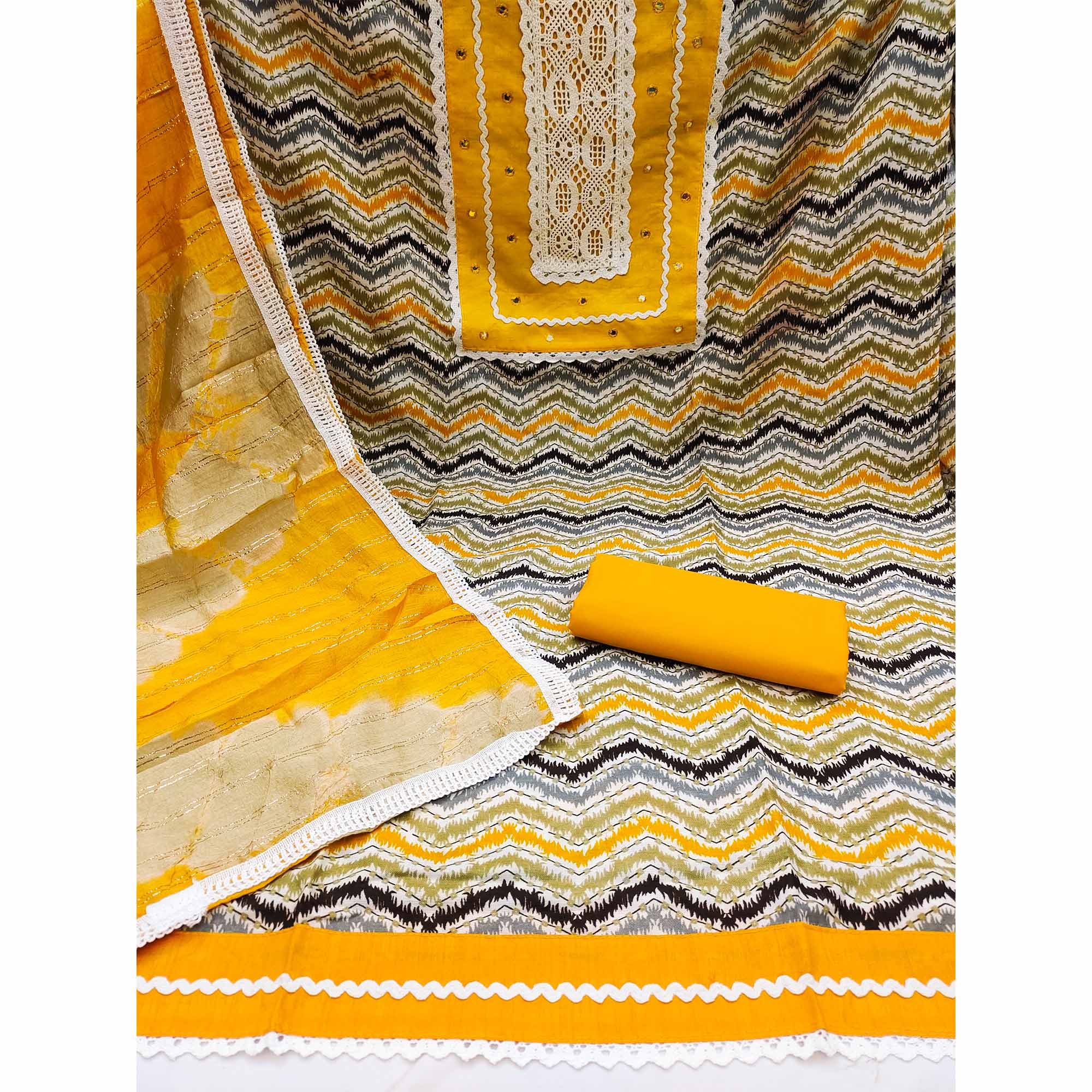 Yellow Printed With Embroidered Pure Cotton Dress Material