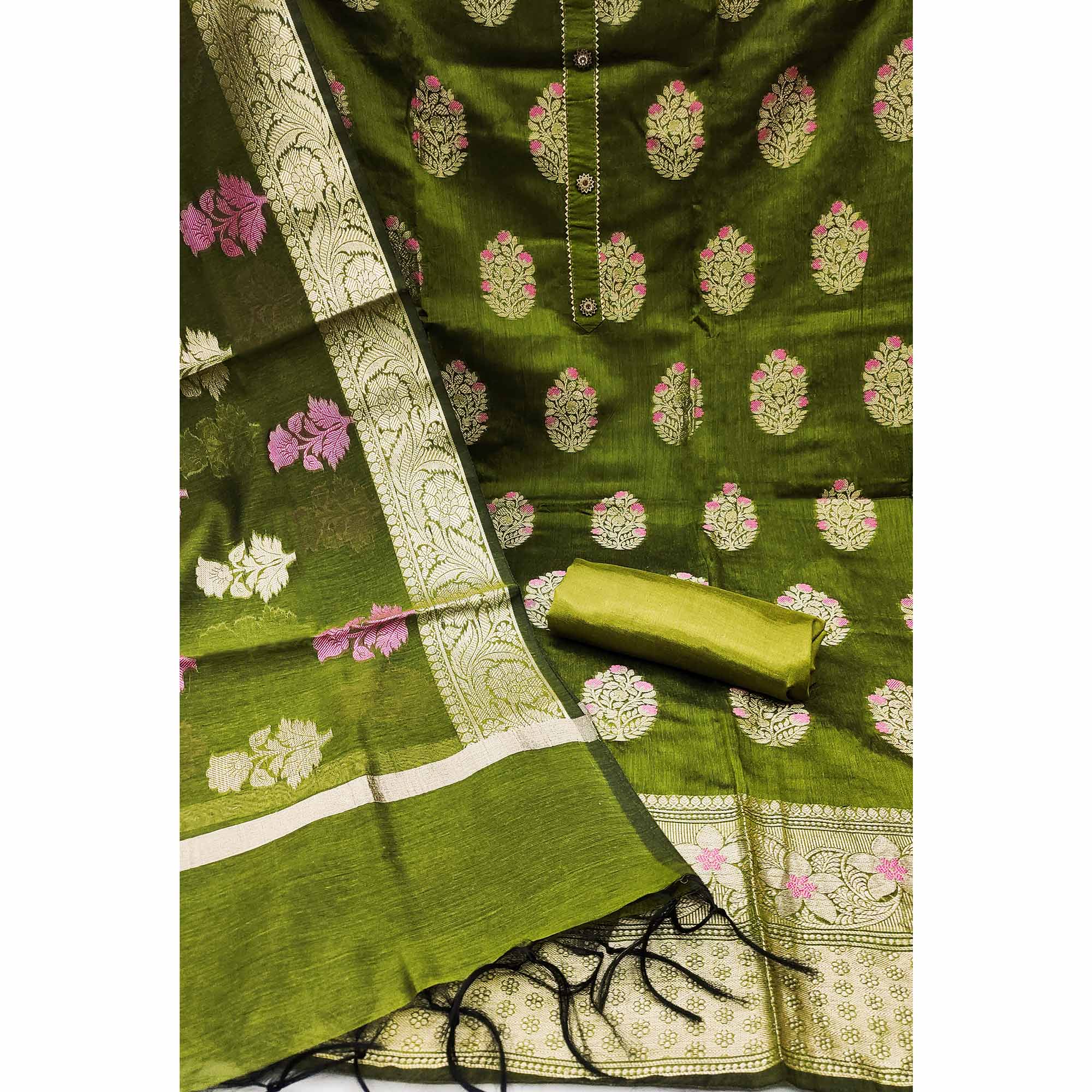 Green Floral Woven Banarasi Silk Dress Material