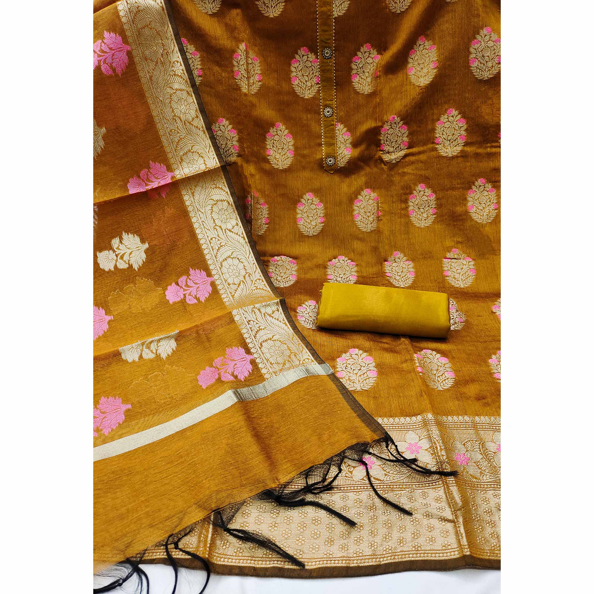 Mustard Floral Woven Banarasi Silk Dress Material