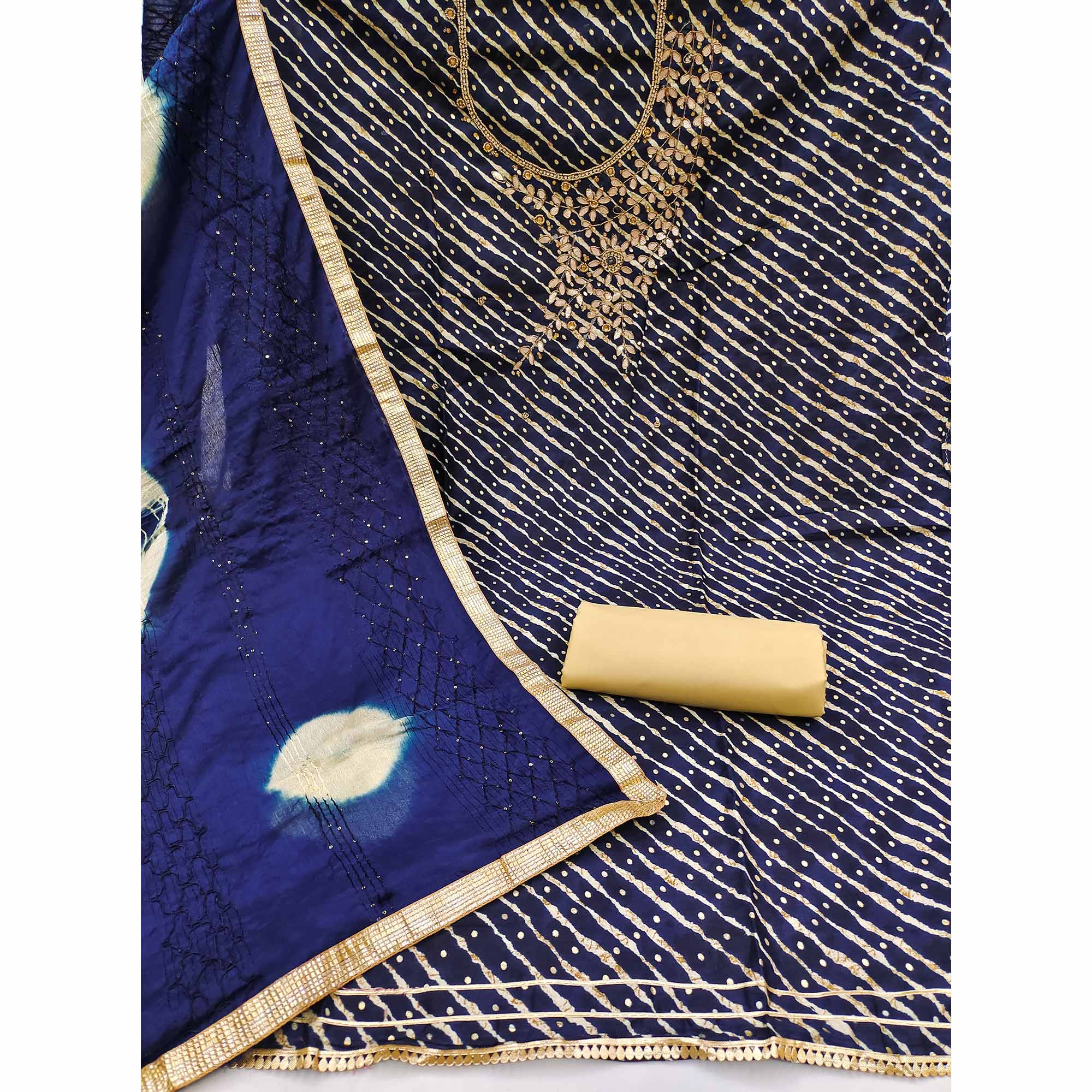 Blue Printed With Handwork Pure Cotton Dress Material