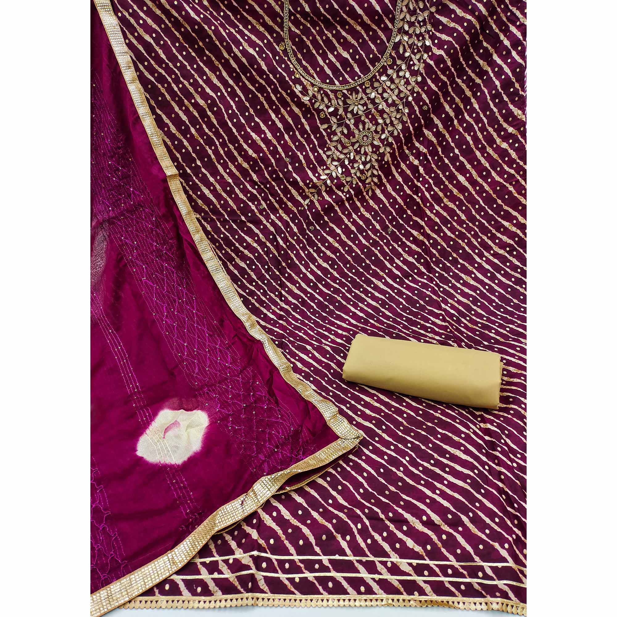 Wine Printed With Handwork Pure Cotton Dress Material
