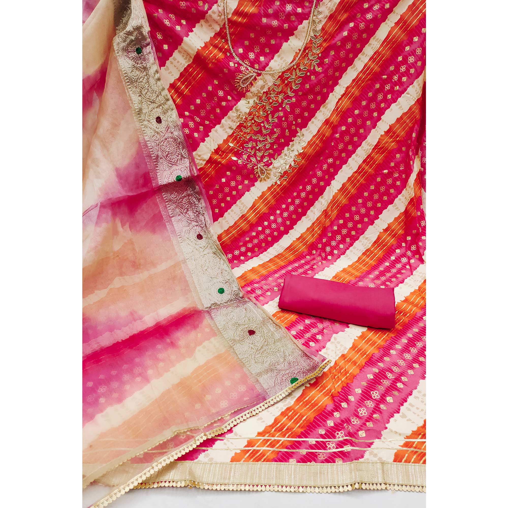 Pink Printed With Handwork Pure Cotton Dress Material