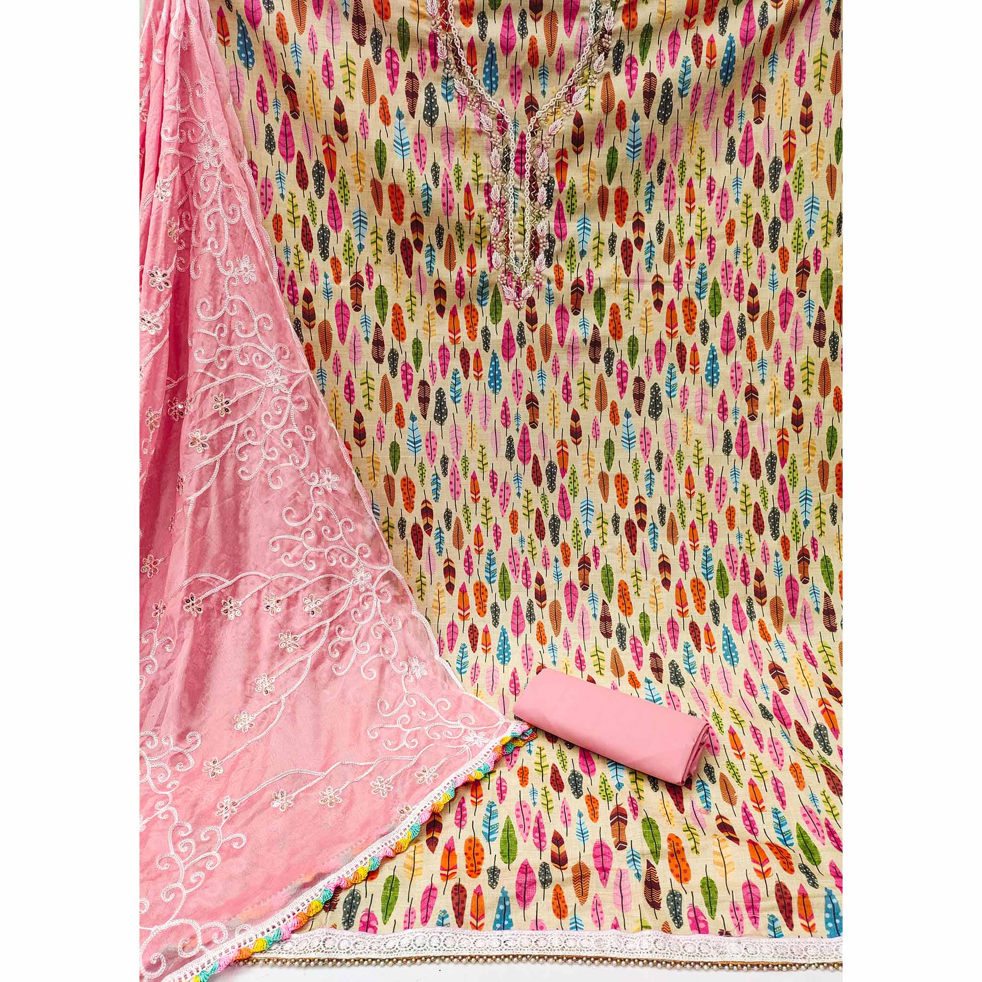 Chikoo Printed With Handwork Pure Cotton Dress Material