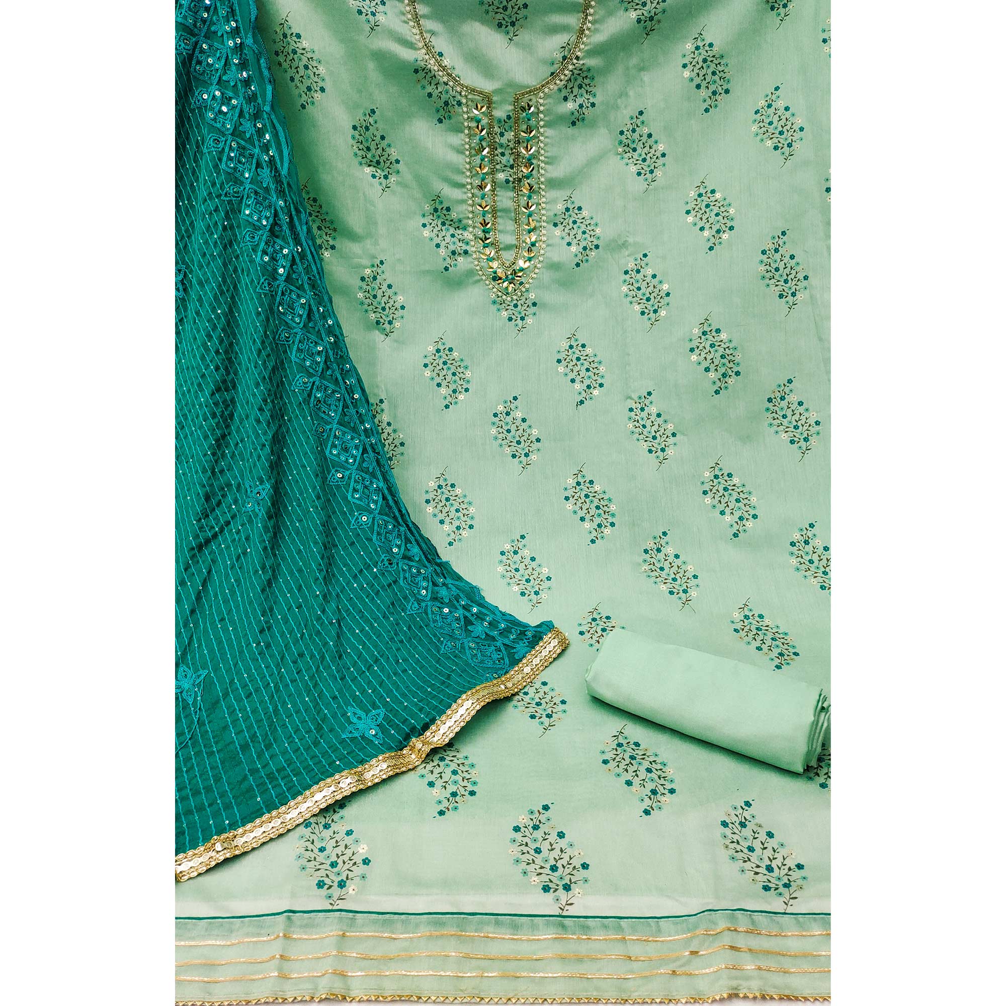 Green Printed With Handwork Modal Dress Material