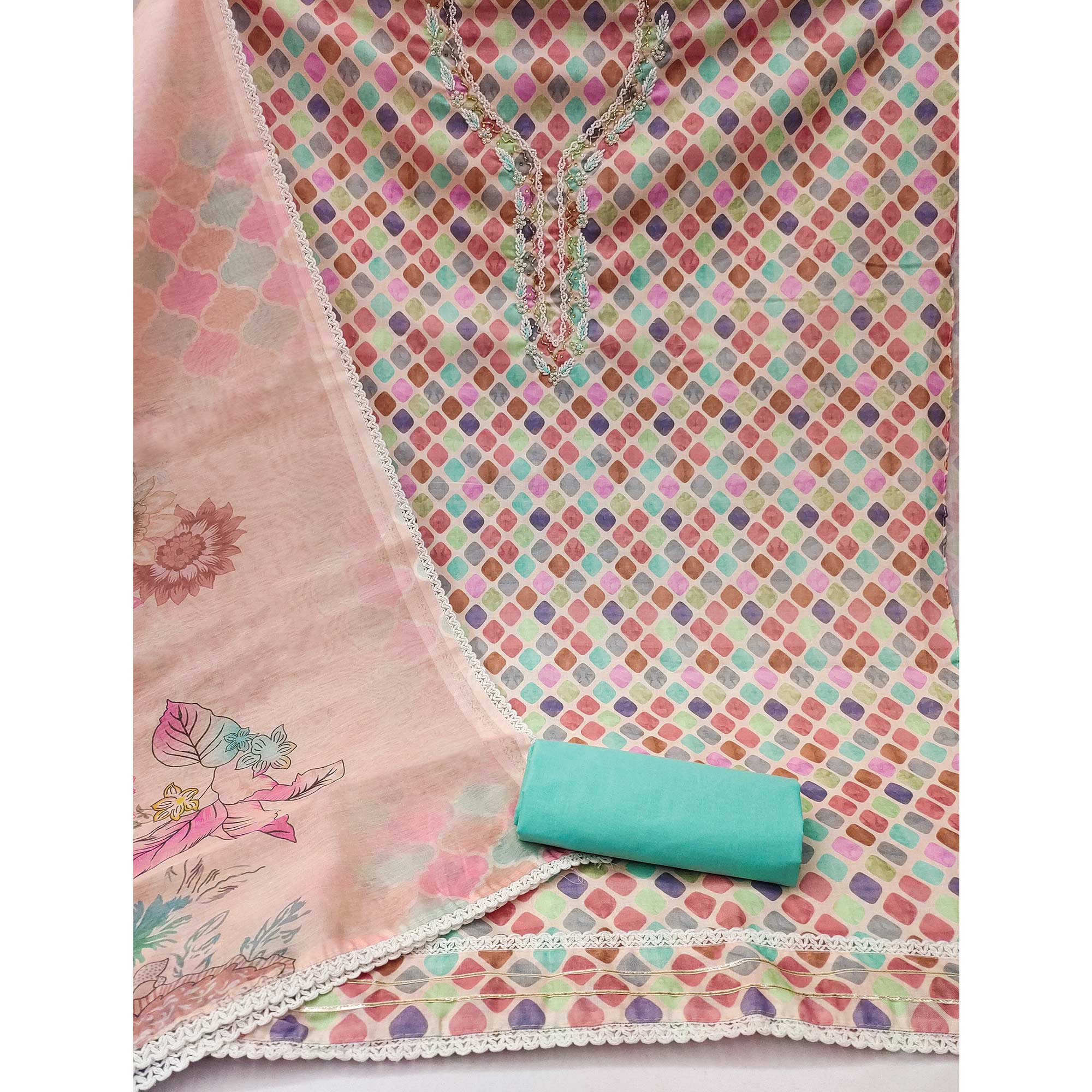 Peach Printed With Handwork Pure Cotton Dress Material