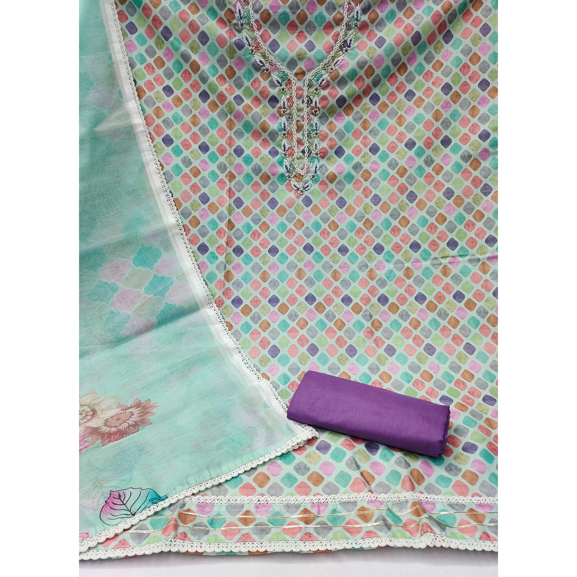 Turquoise Printed With Handwork Pure Cotton Dress Material
