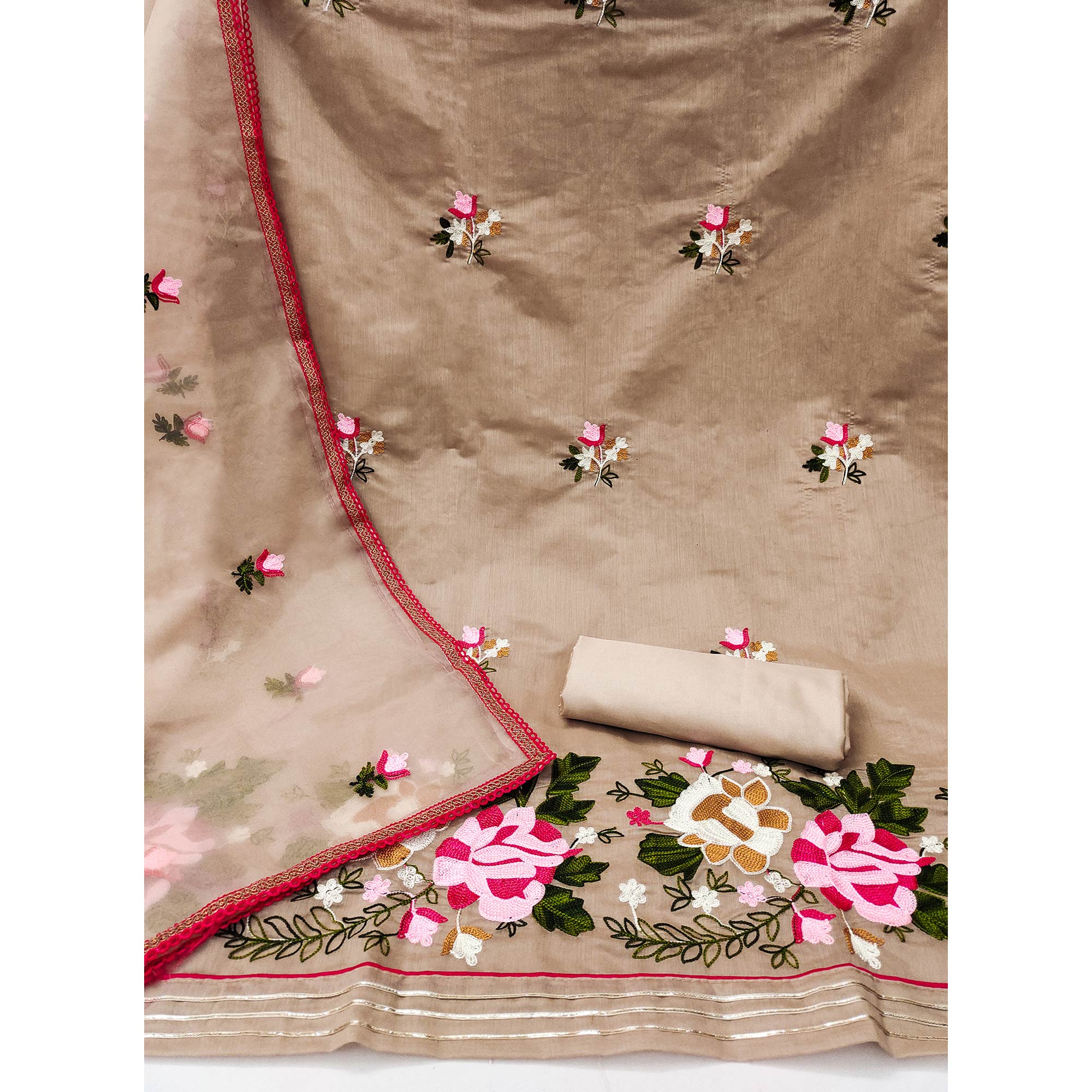 Beige Floral Embroidered Modal Dress Material